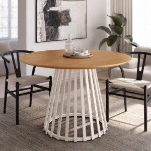 Mesa Sahara redonda con sobre roble natural y pata metálica marfil 120 cm