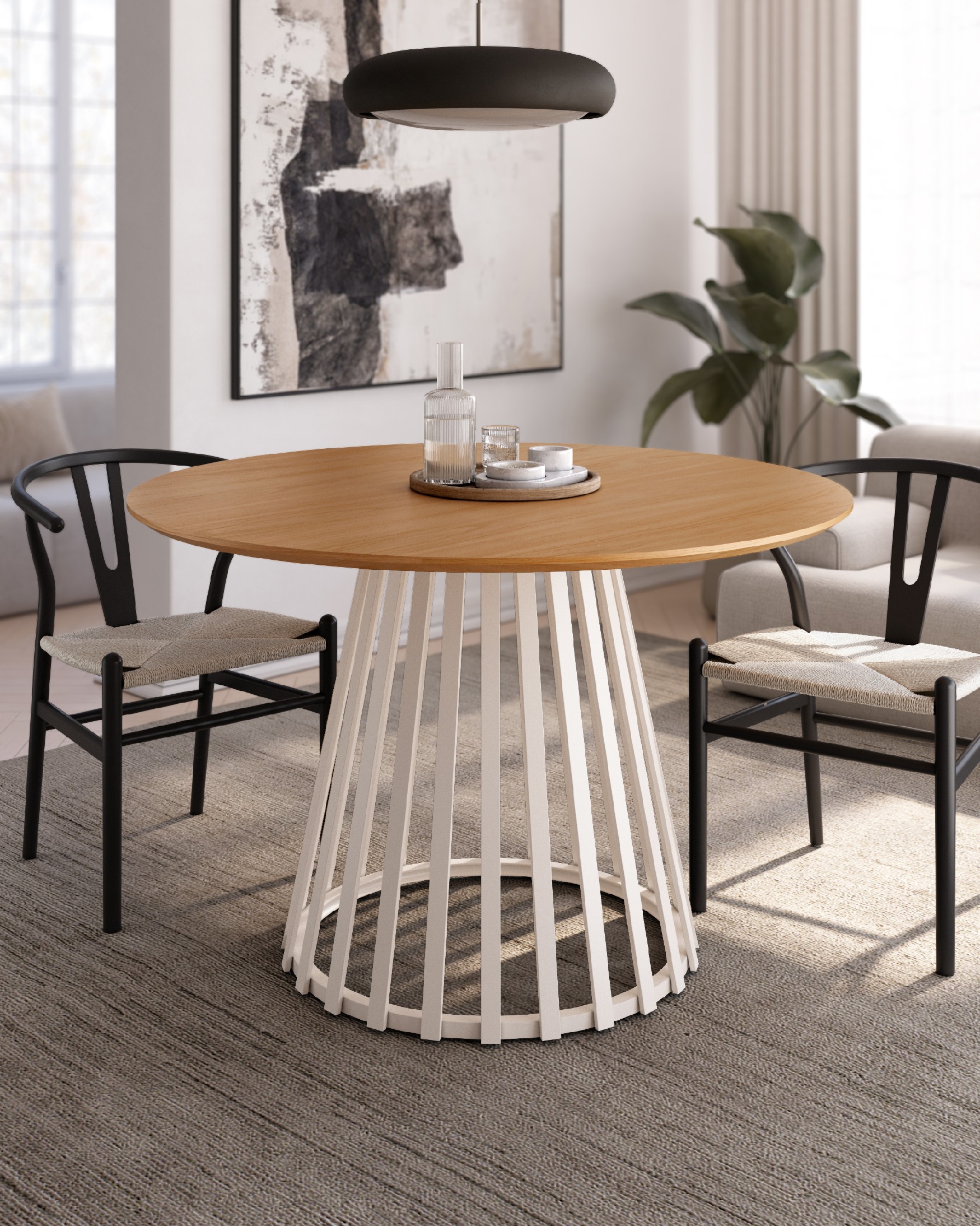 Mesa Sahara redonda con sobre roble natural y pata metálica marfil 120 cm