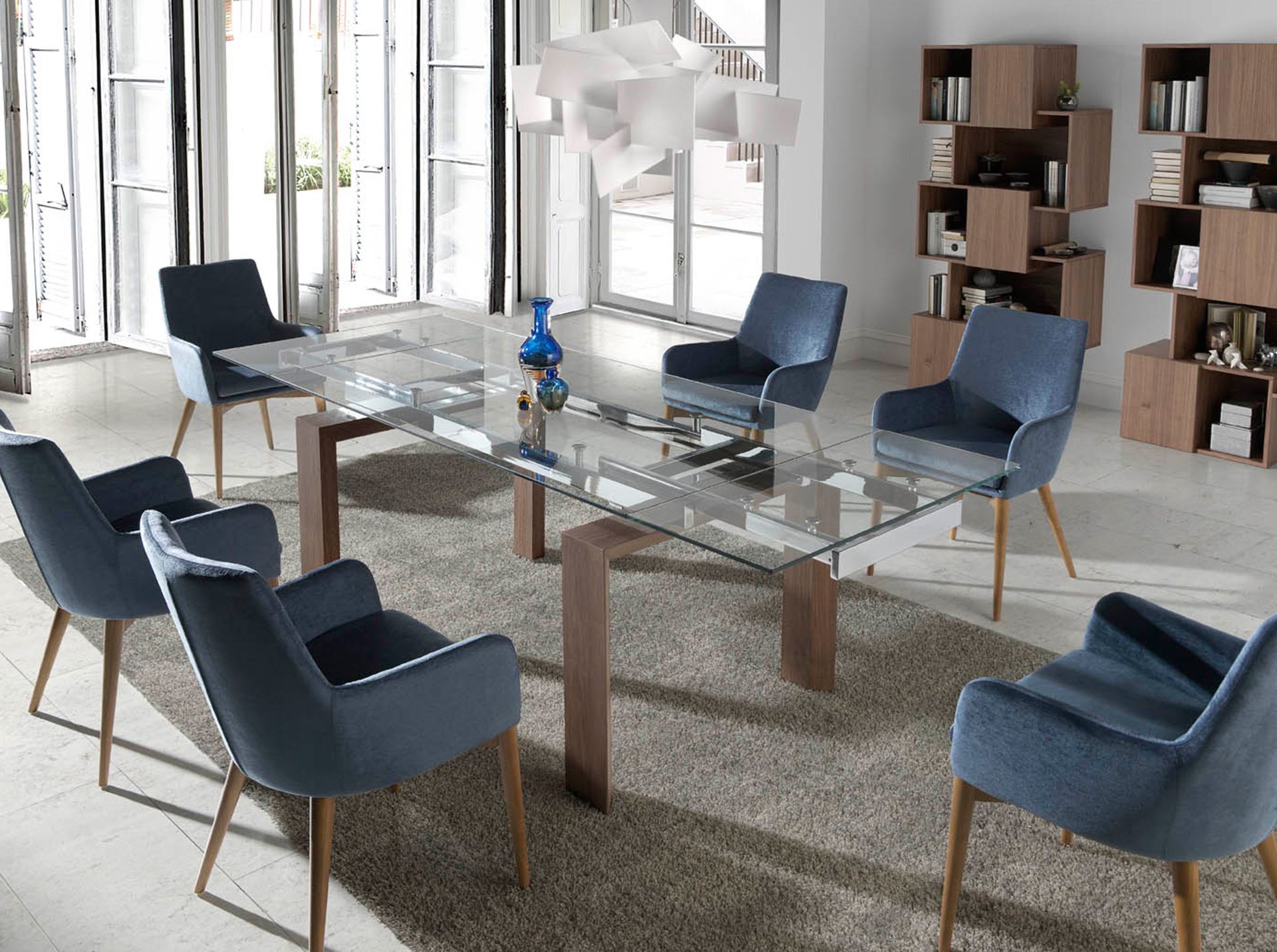 Mesa comedor extensible rectangular cristal templado y nogal - Imagen 6