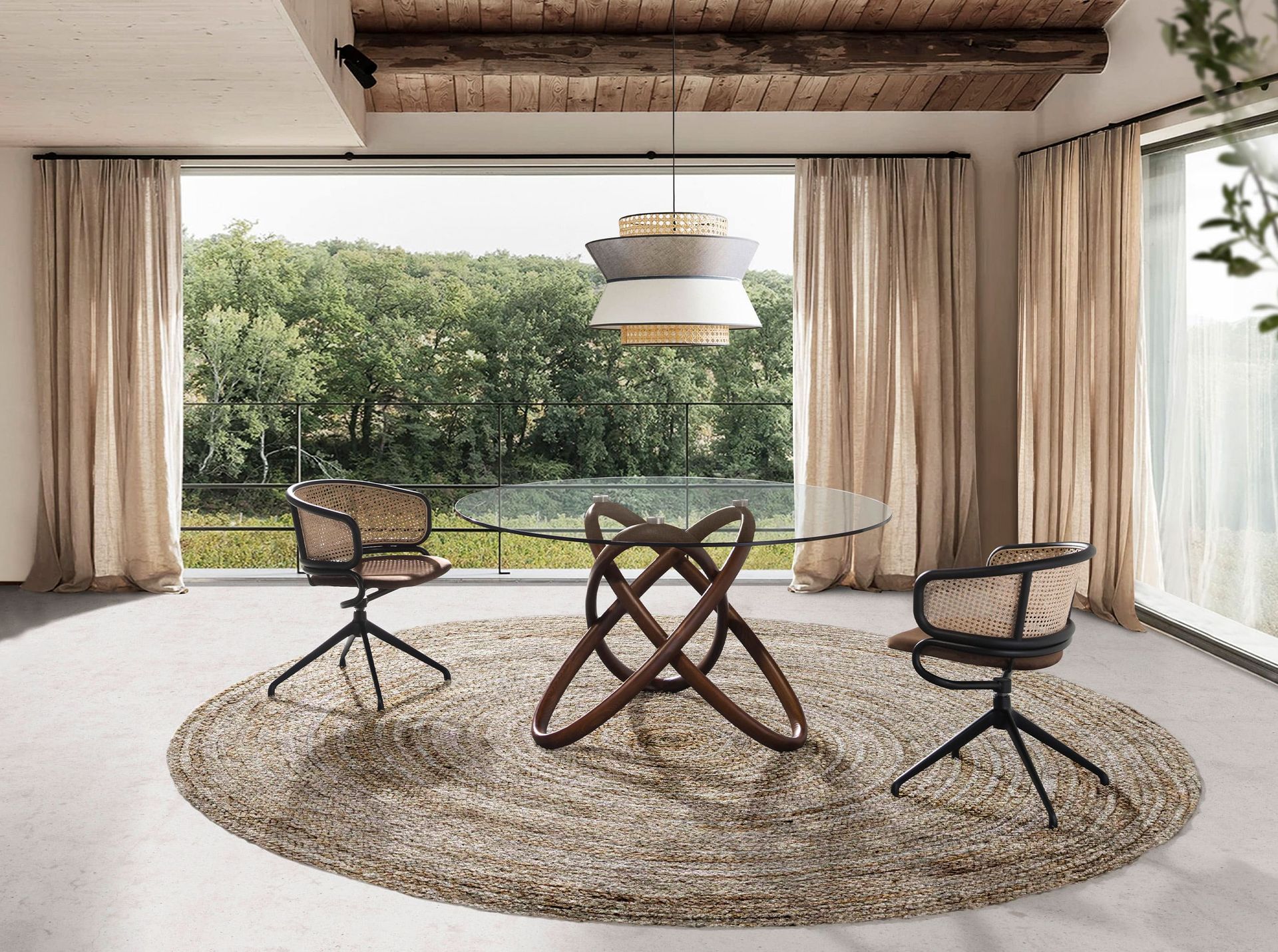 Mesa comedor redonda cristal templado y nogal - Imagen 3