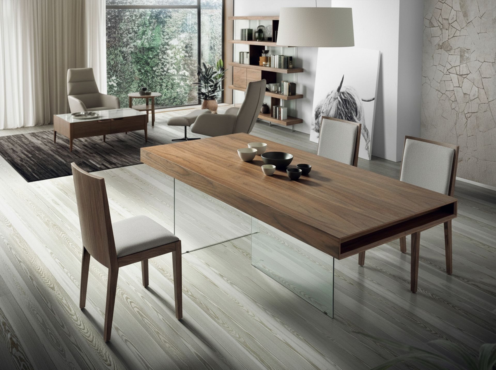 Mesa comedor rectangular nogal y cristal templado - Imagen 5