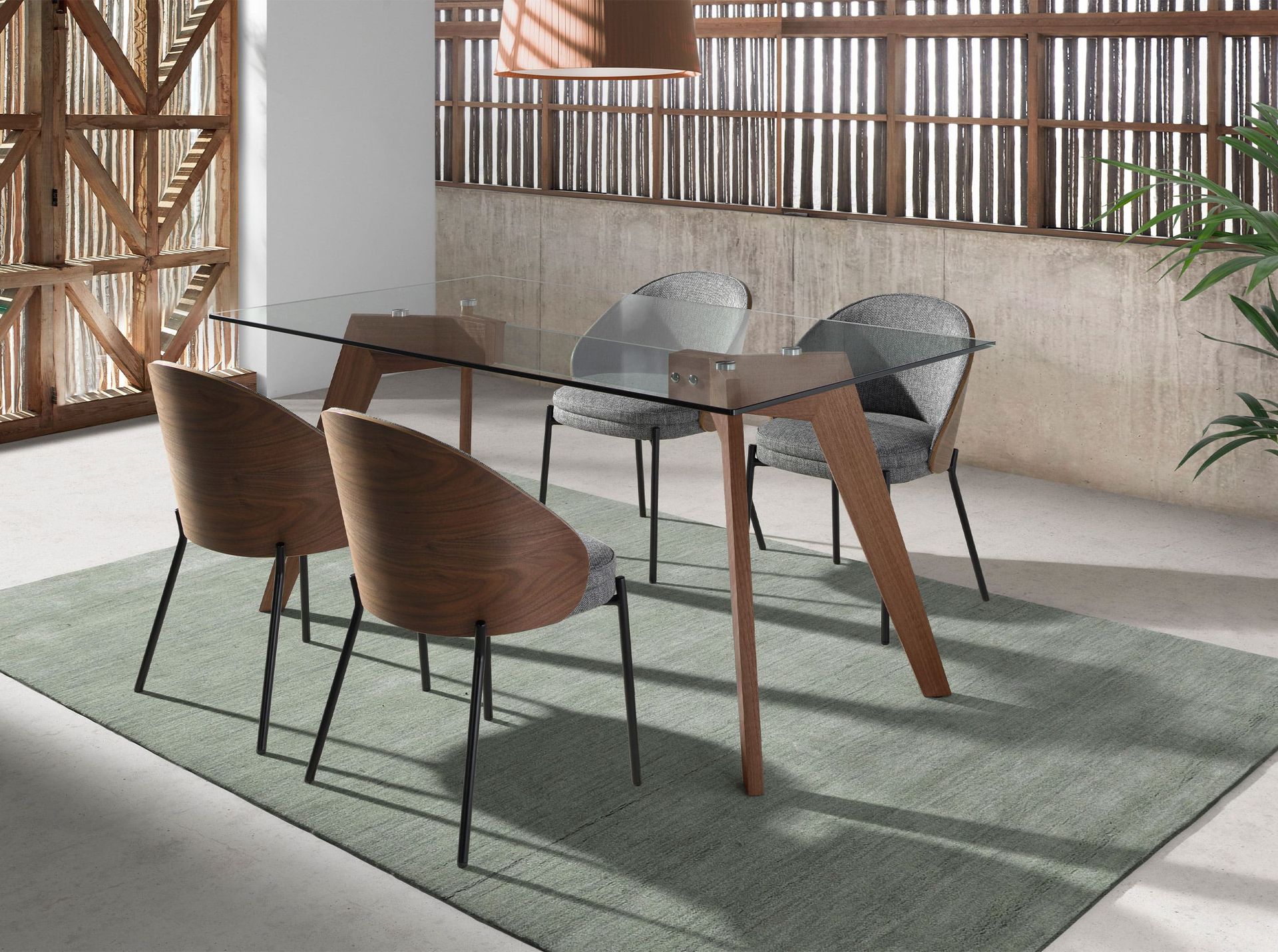 Mesa comedor rectangular cristal templado y nogal - Imagen 3