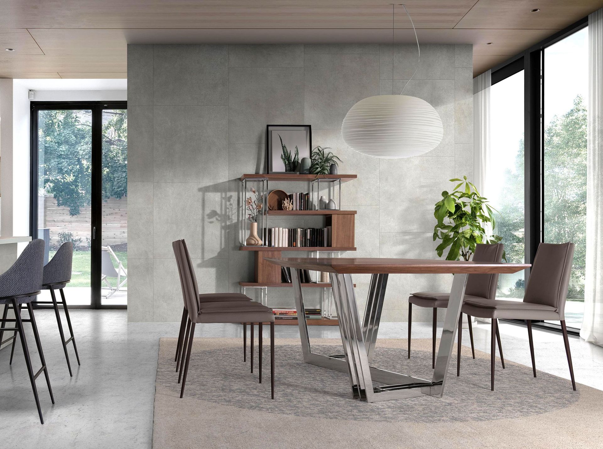 Mesa comedor ovalada barril nogal y acero cromado - Imagen 4