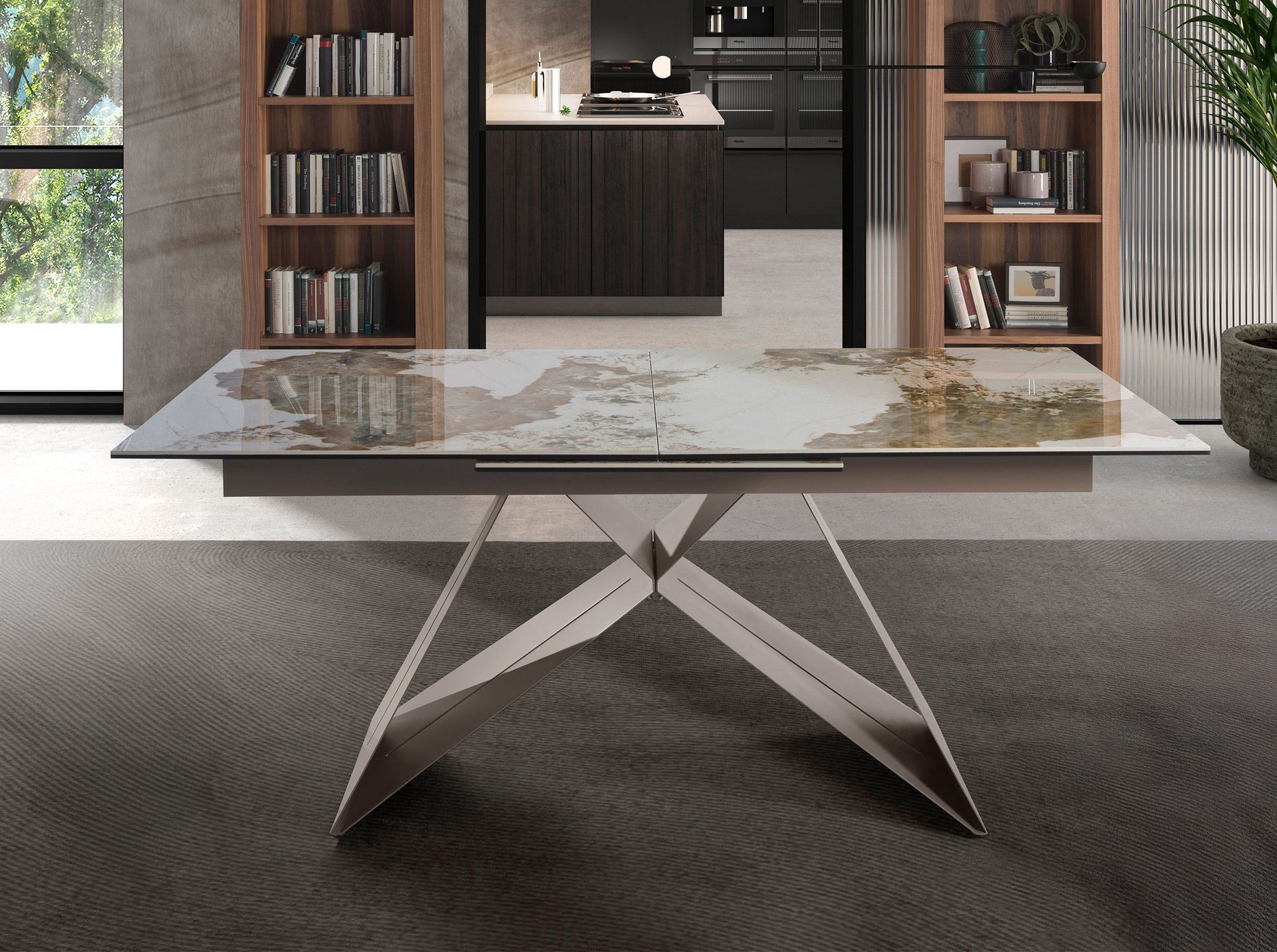 Mesa comedor extensible rectangular mármol porcelánico y acero gris taupé - Imagen 3