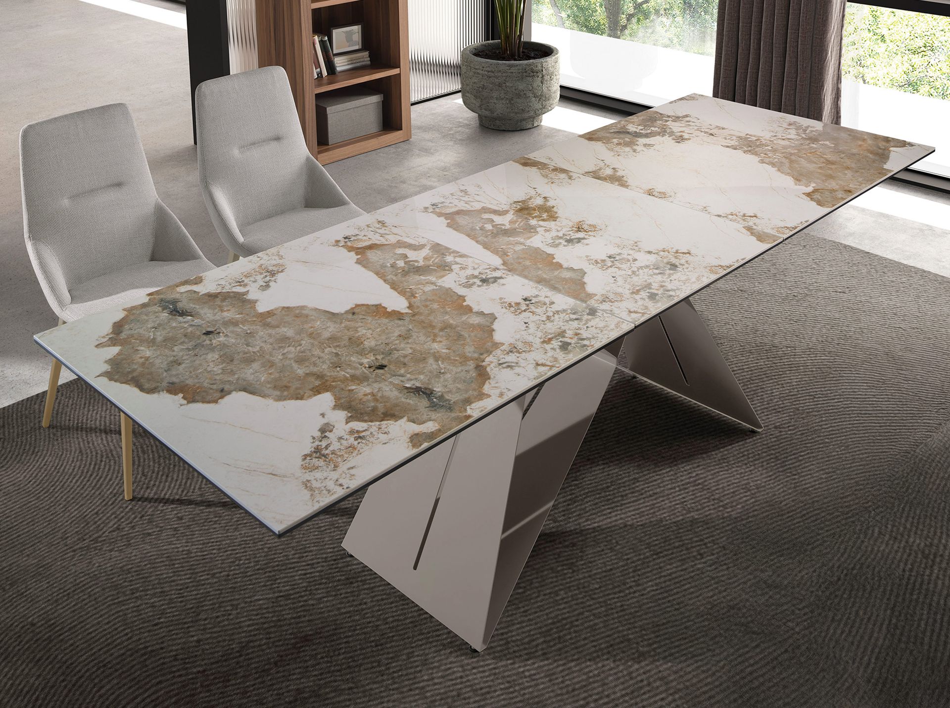 Mesa comedor extensible rectangular mármol porcelánico y acero gris taupé - Imagen 4