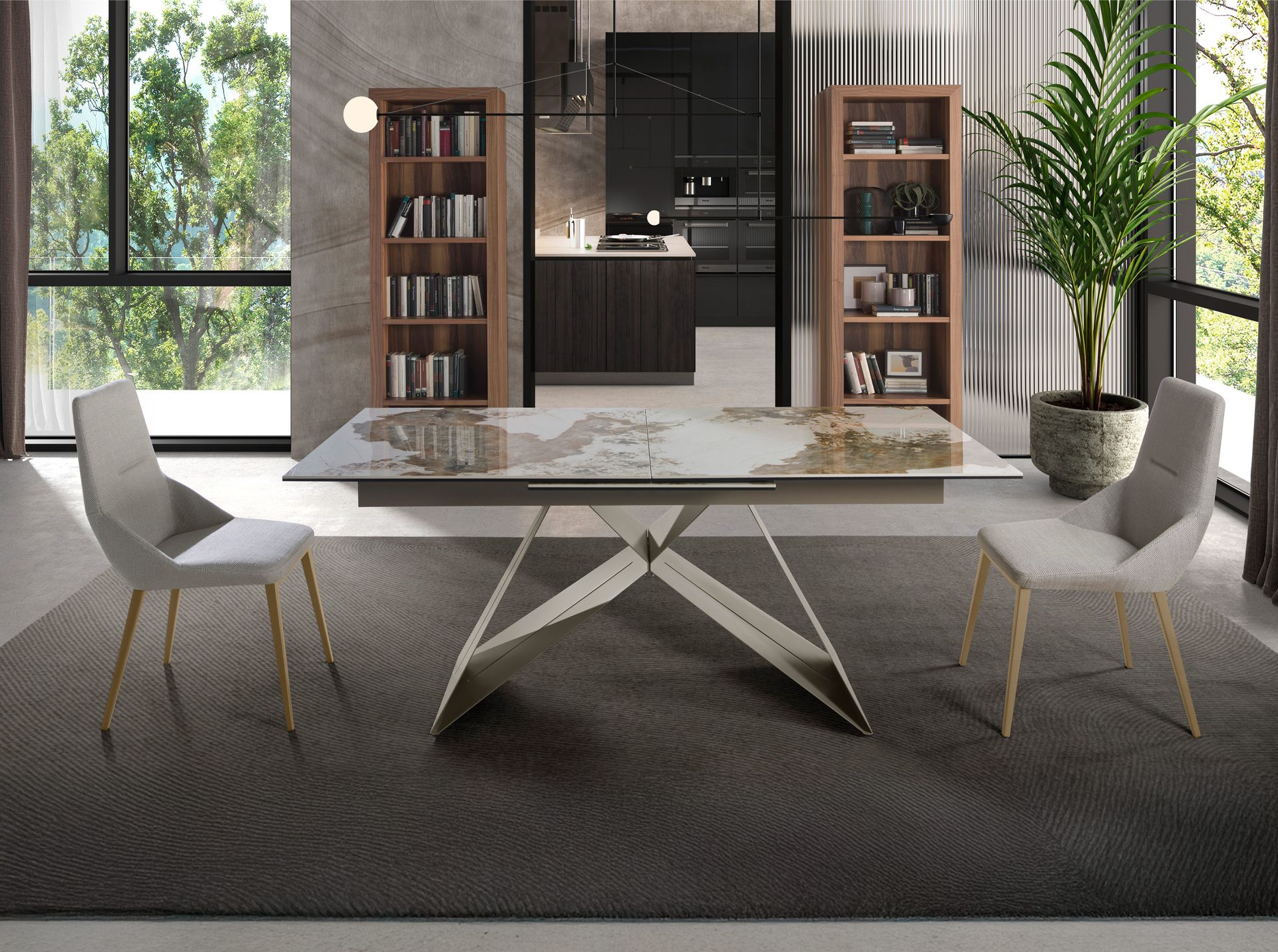 Mesa comedor extensible rectangular mármol porcelánico y acero gris taupé - Imagen 5