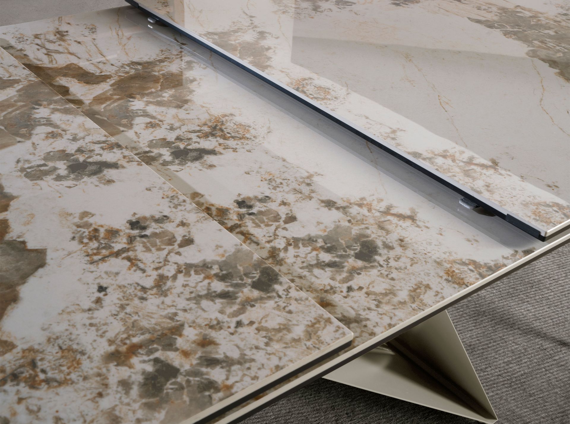 Mesa comedor extensible rectangular mármol porcelánico y acero gris taupé - Imagen 7