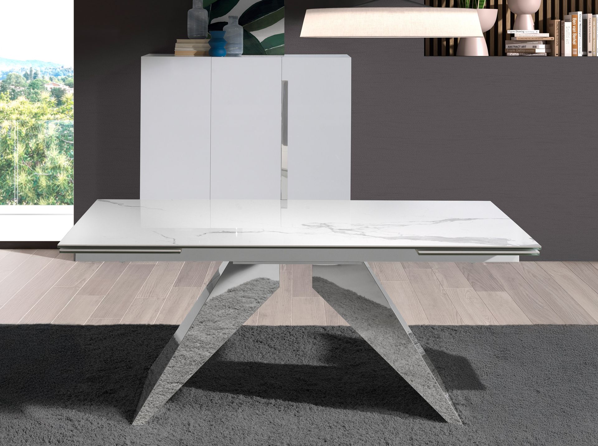Mesa comedor extensible rectangular mármol porcelánico y acero cromado - Imagen 3