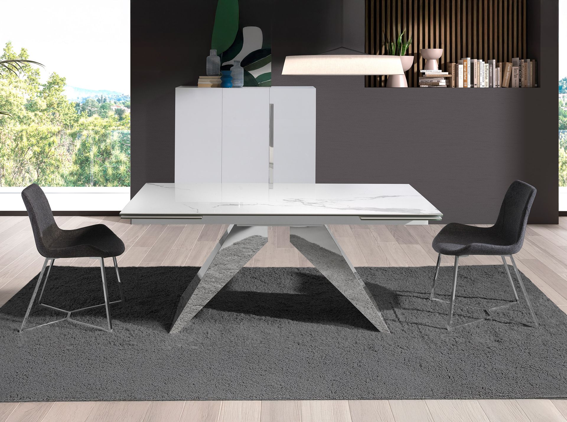 Mesa comedor extensible rectangular mármol porcelánico y acero cromado - Imagen 4