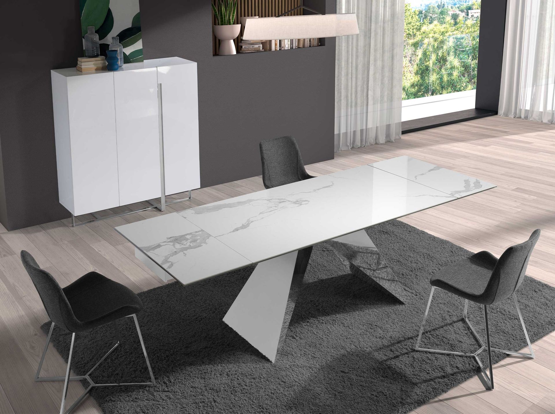 Mesa comedor extensible rectangular mármol porcelánico y acero cromado - Imagen 5