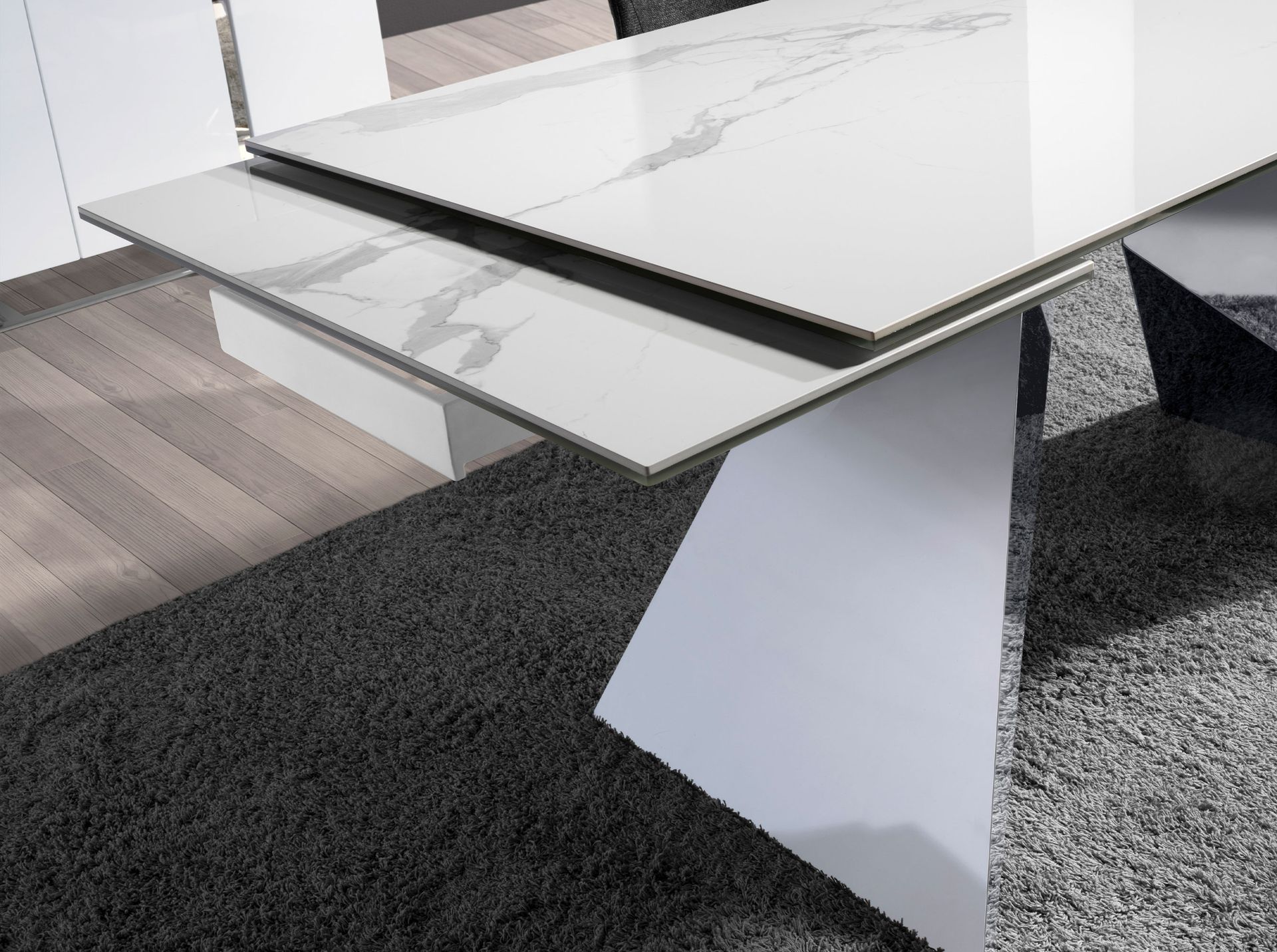 Mesa comedor extensible rectangular mármol porcelánico y acero cromado - Imagen 7