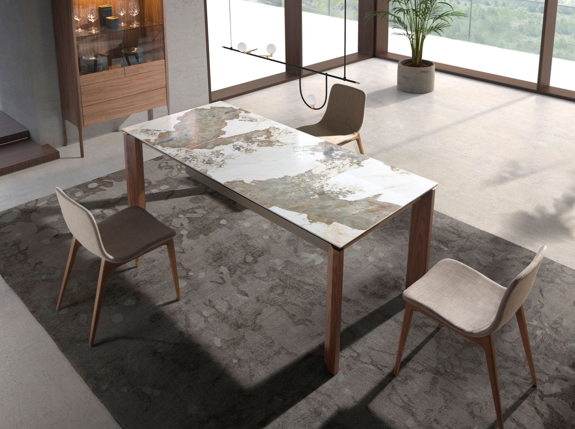 Mesa comedor extensible rectangular mármol porcelánico y nogal - Imagen 3
