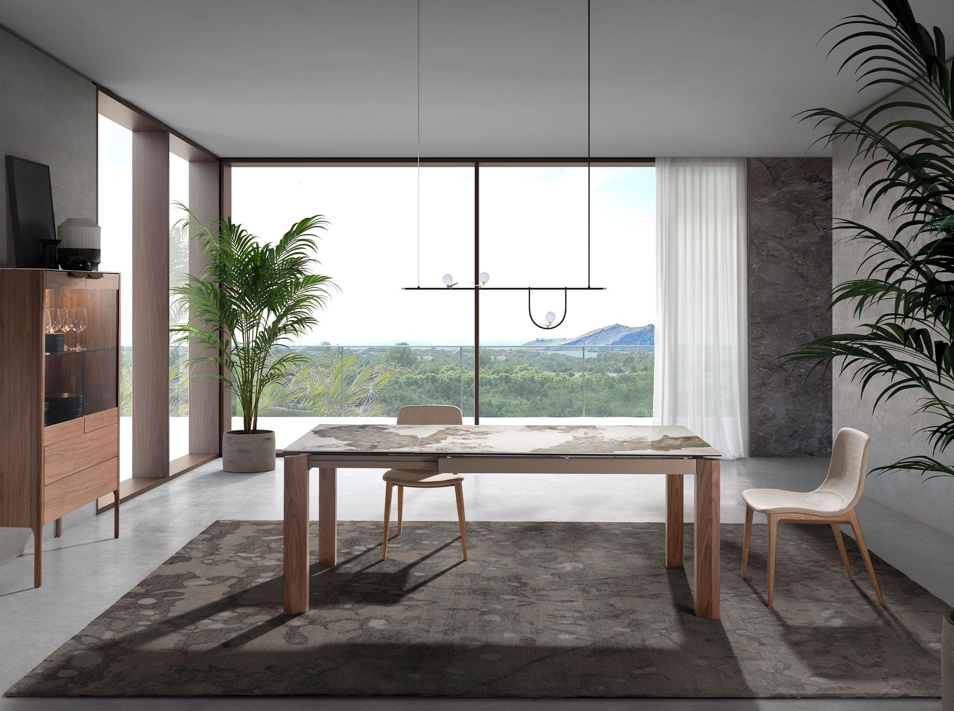 Mesa comedor extensible rectangular mármol porcelánico y nogal - Imagen 4