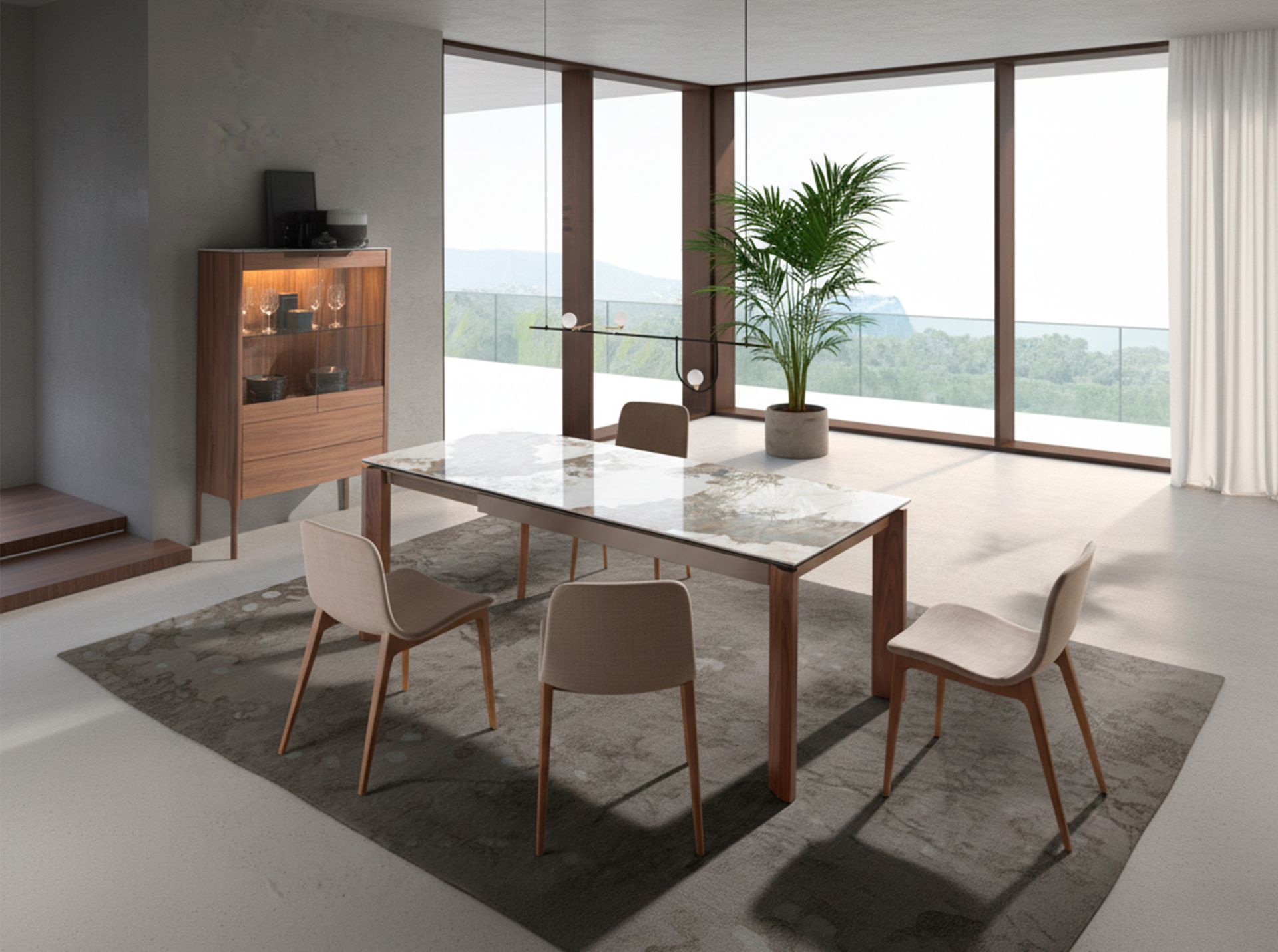 Mesa comedor extensible rectangular mármol porcelánico y nogal - Imagen 5