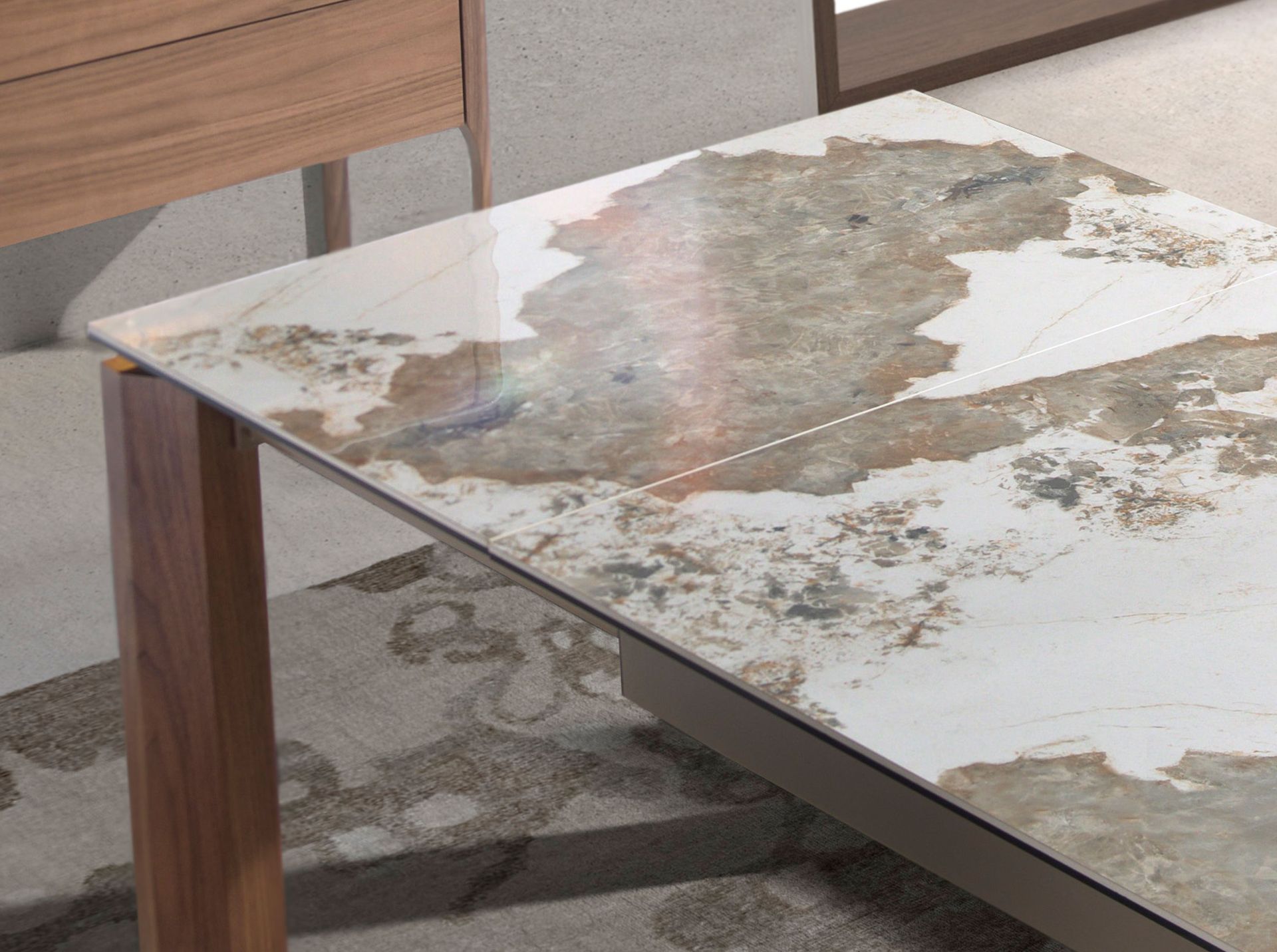 Mesa comedor extensible rectangular mármol porcelánico y nogal - Imagen 7