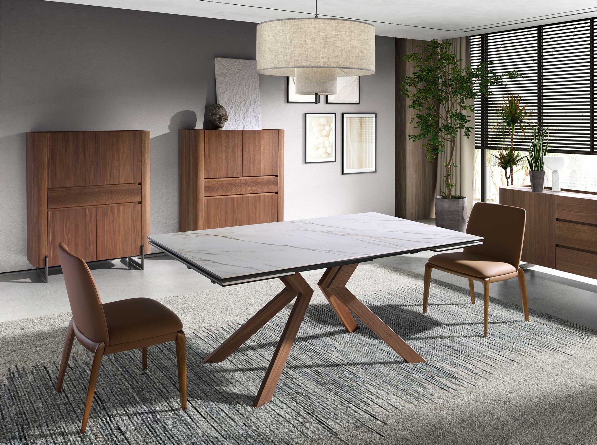 Mesa comedor extensible rectangular mármol porcelánico y acero efecto nogal - Imagen 3