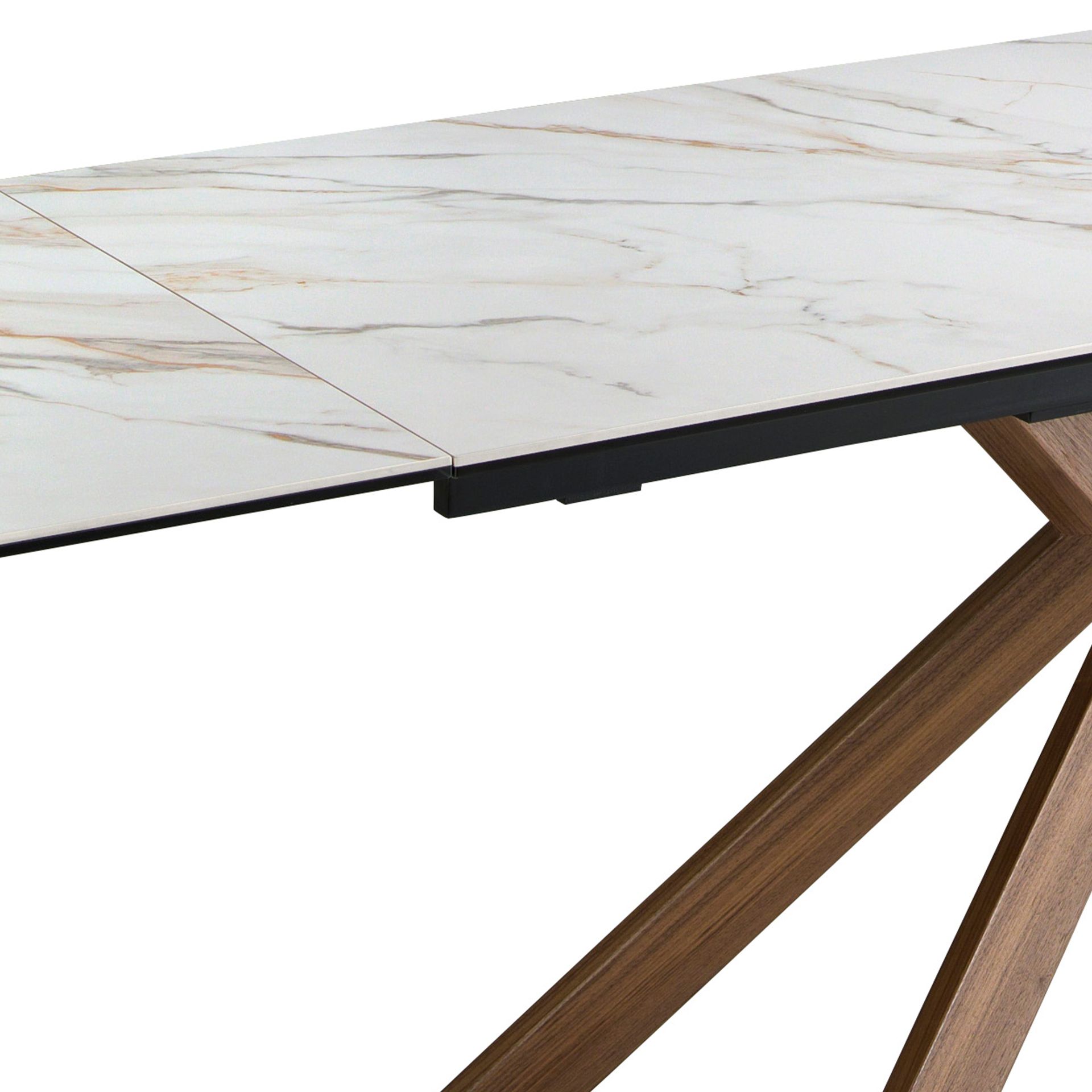 Mesa comedor extensible rectangular mármol porcelánico y acero efecto nogal - Imagen 8
