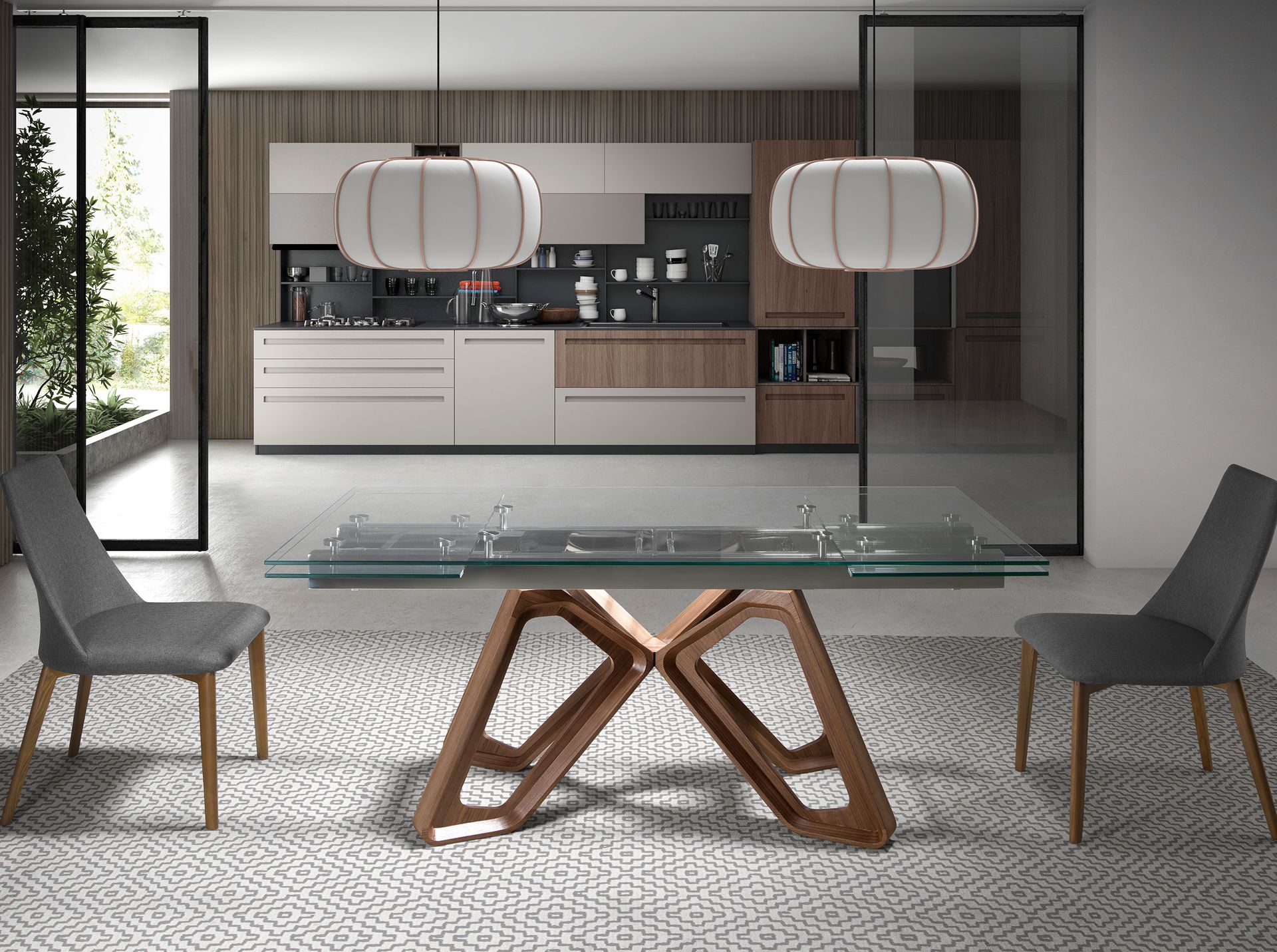 Mesa comedor extensible rectangular cristal templado y nogal - Imagen 3