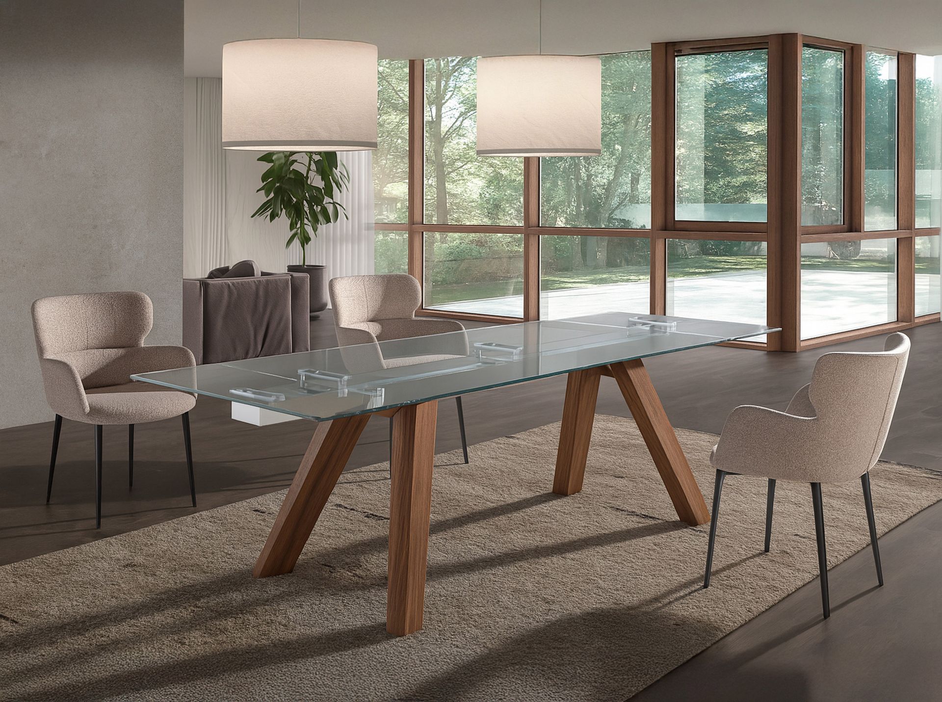 Mesa comedor extensible rectangular cristal templado y nogal - Imagen 6