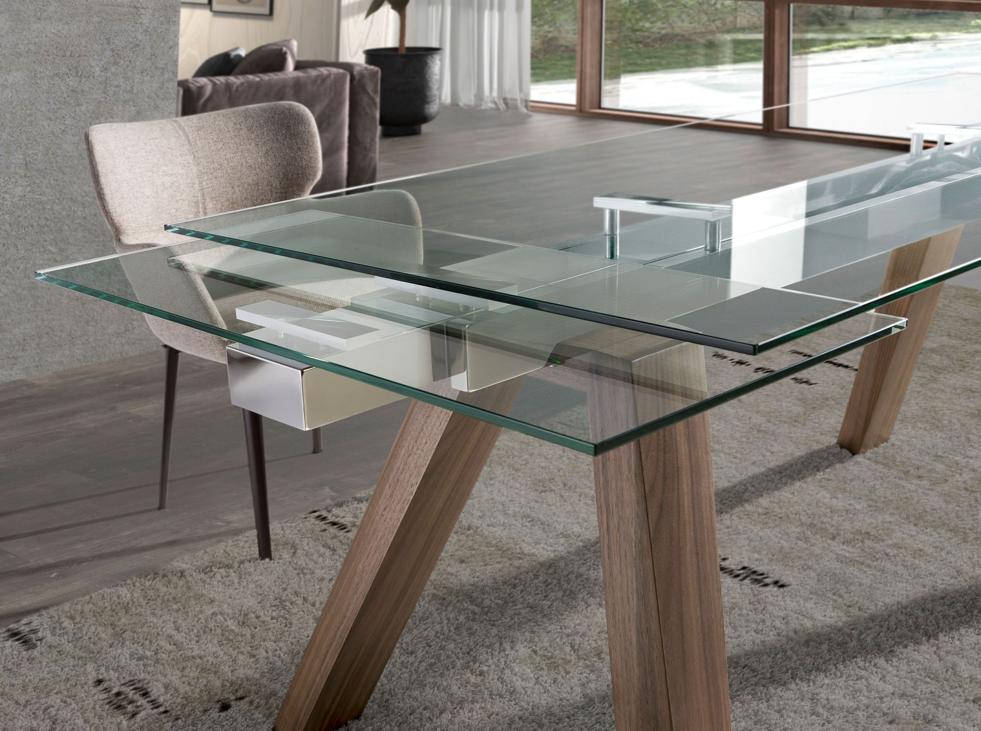 Mesa comedor extensible rectangular cristal templado y nogal - Imagen 7