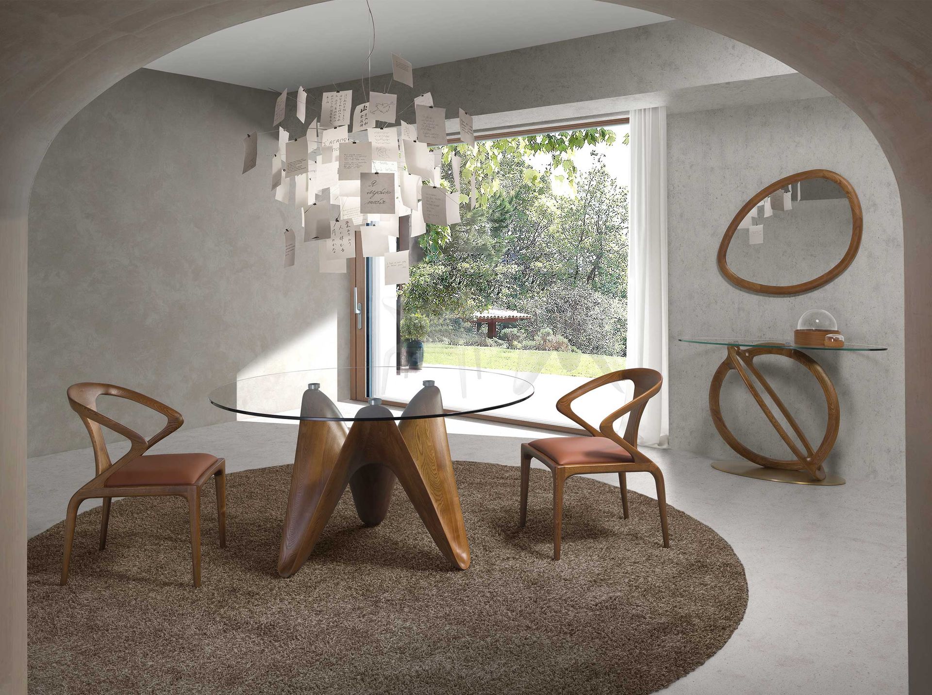 Mesa comedor redonda cristal templado y nogal - Imagen 3