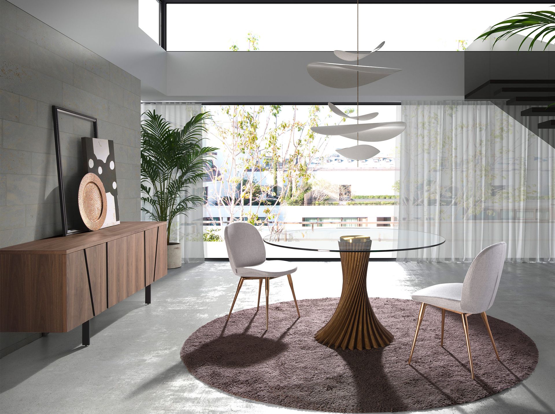 Mesa comedor redonda cristal templado y nogal - Imagen 3