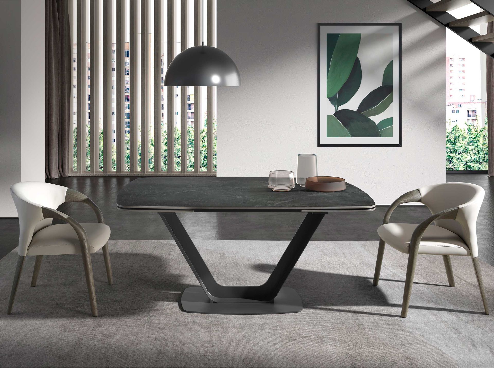 Mesa comedor extensible ovalada barril mármol porcelánico y acero negro - Imagen 3