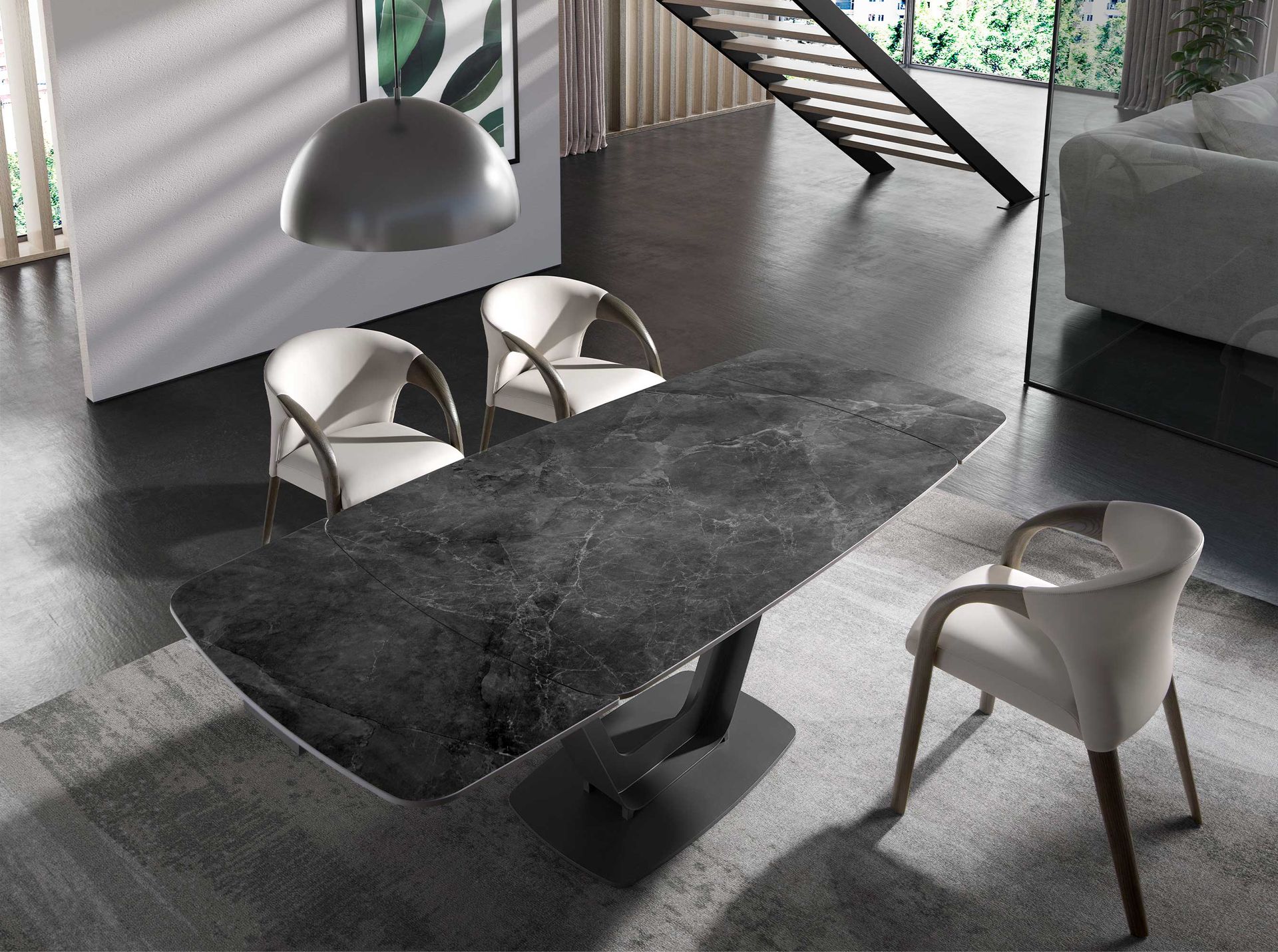 Mesa comedor extensible ovalada barril mármol porcelánico y acero negro - Imagen 4