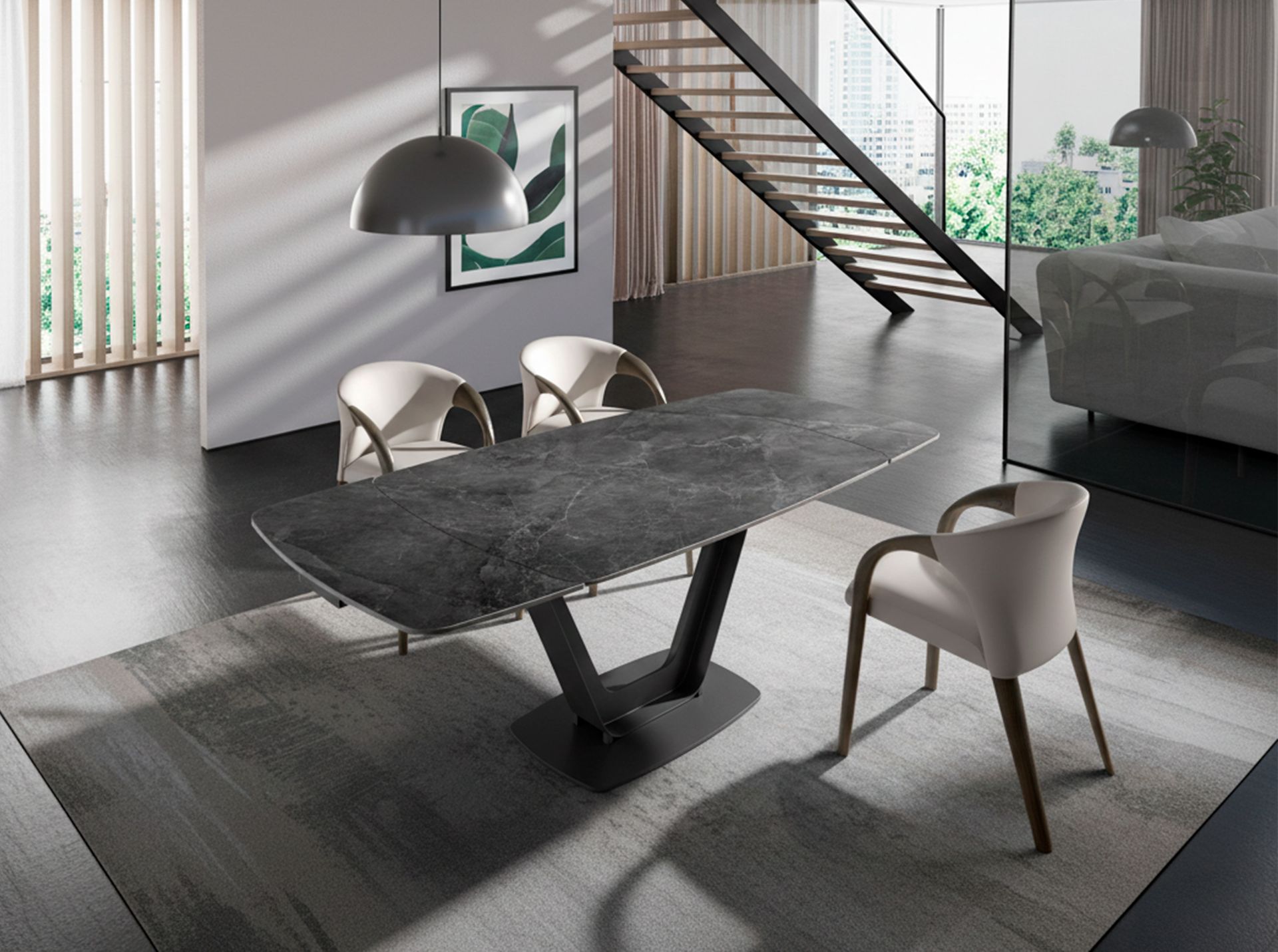 Mesa comedor extensible ovalada barril mármol porcelánico y acero negro - Imagen 5