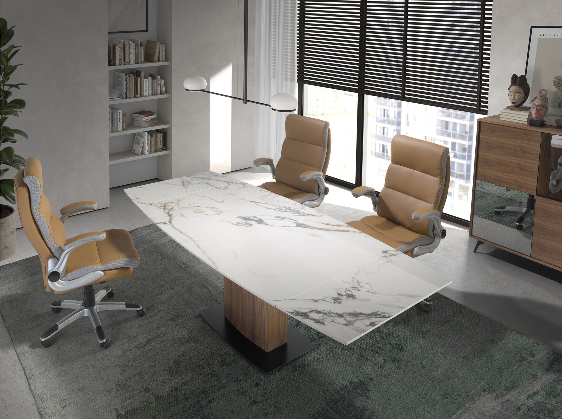 Mesa comedor extensible ovalada barril mármol porcelánico y nogal - Imagen 3