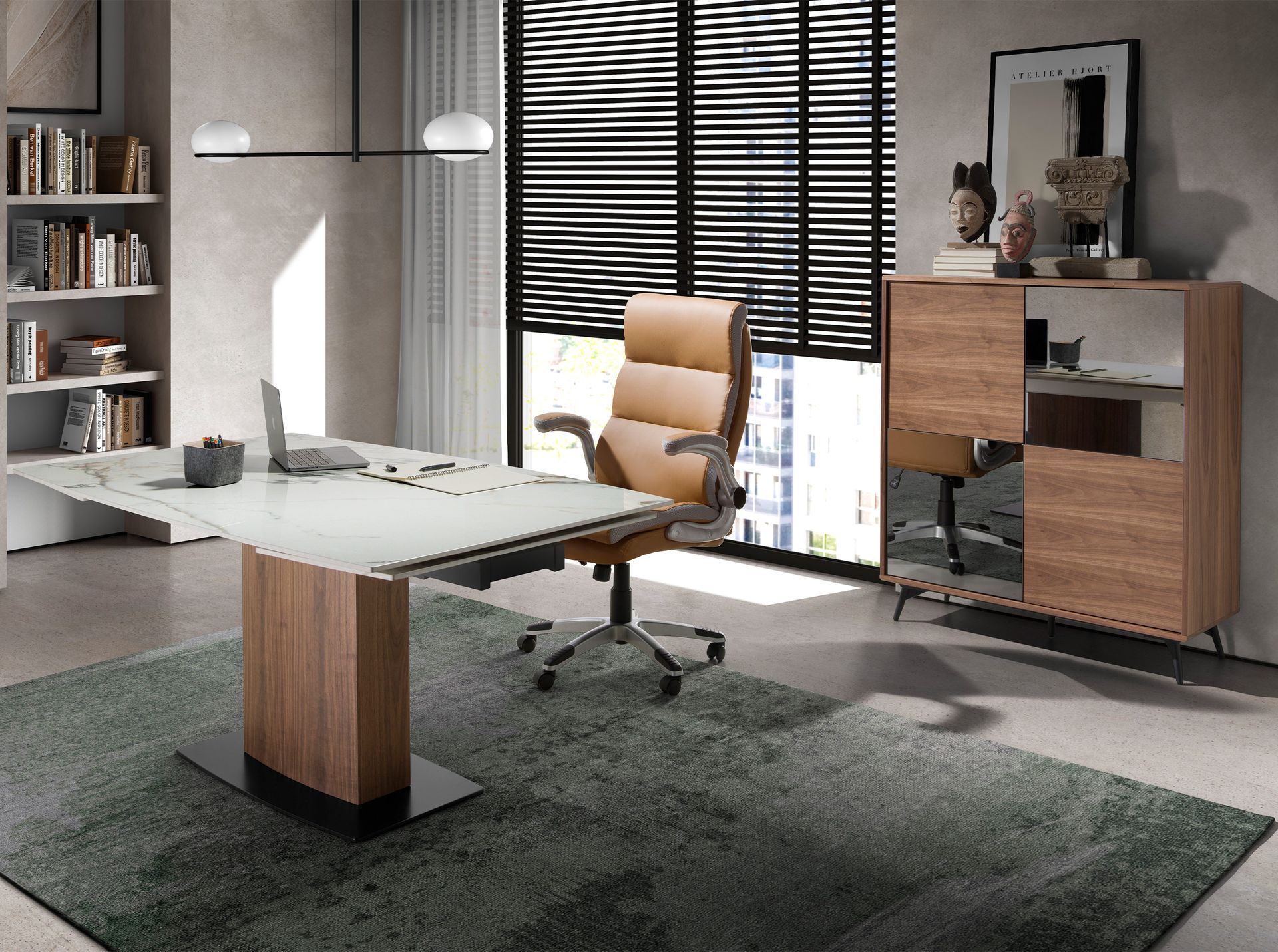 Mesa comedor extensible ovalada barril mármol porcelánico y nogal - Imagen 4