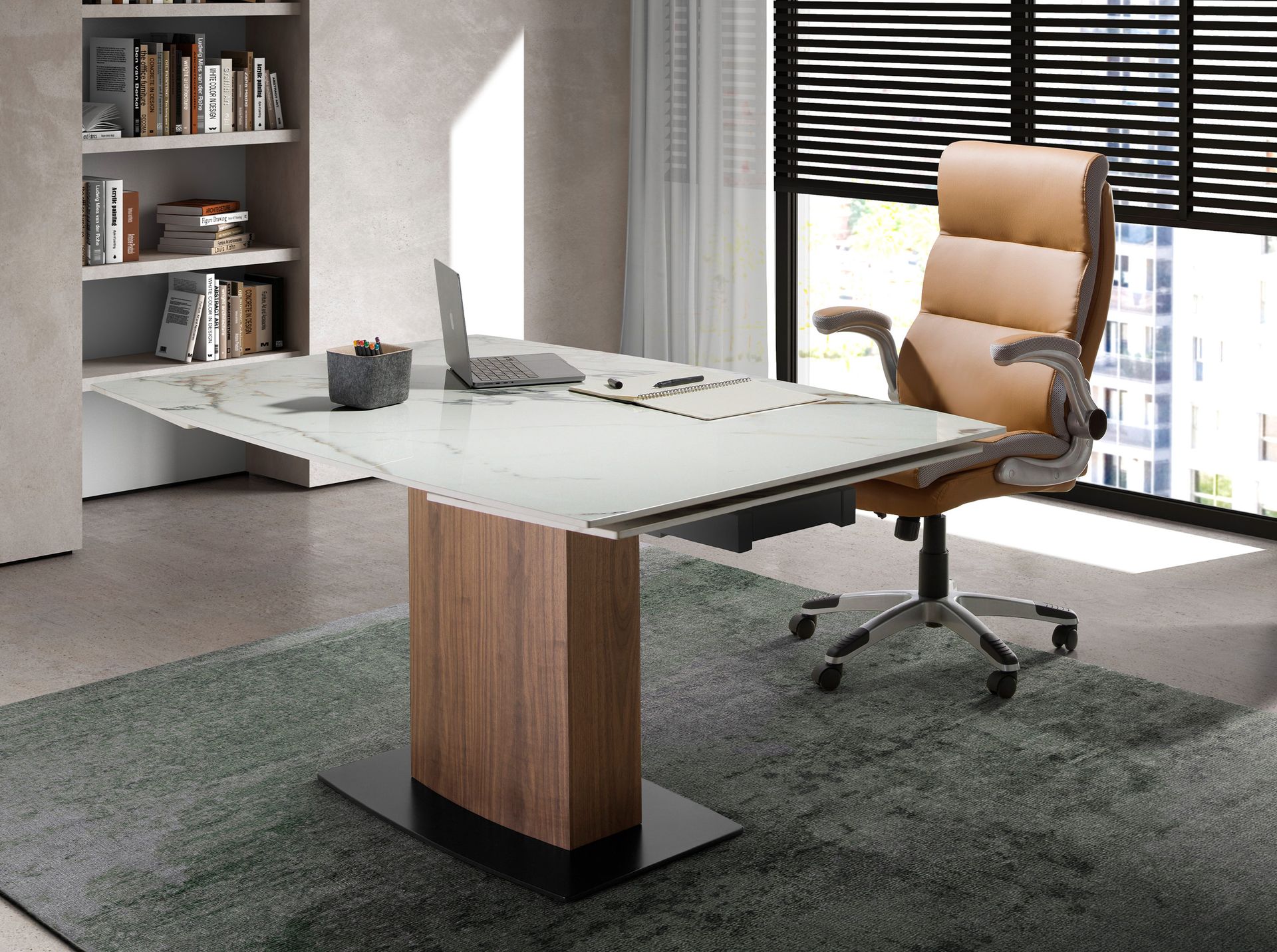 Mesa comedor extensible ovalada barril mármol porcelánico y nogal - Imagen 5