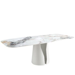 Mesa comedor ovalada barril mármol porcelánico y acero blanco Angel Cerdá