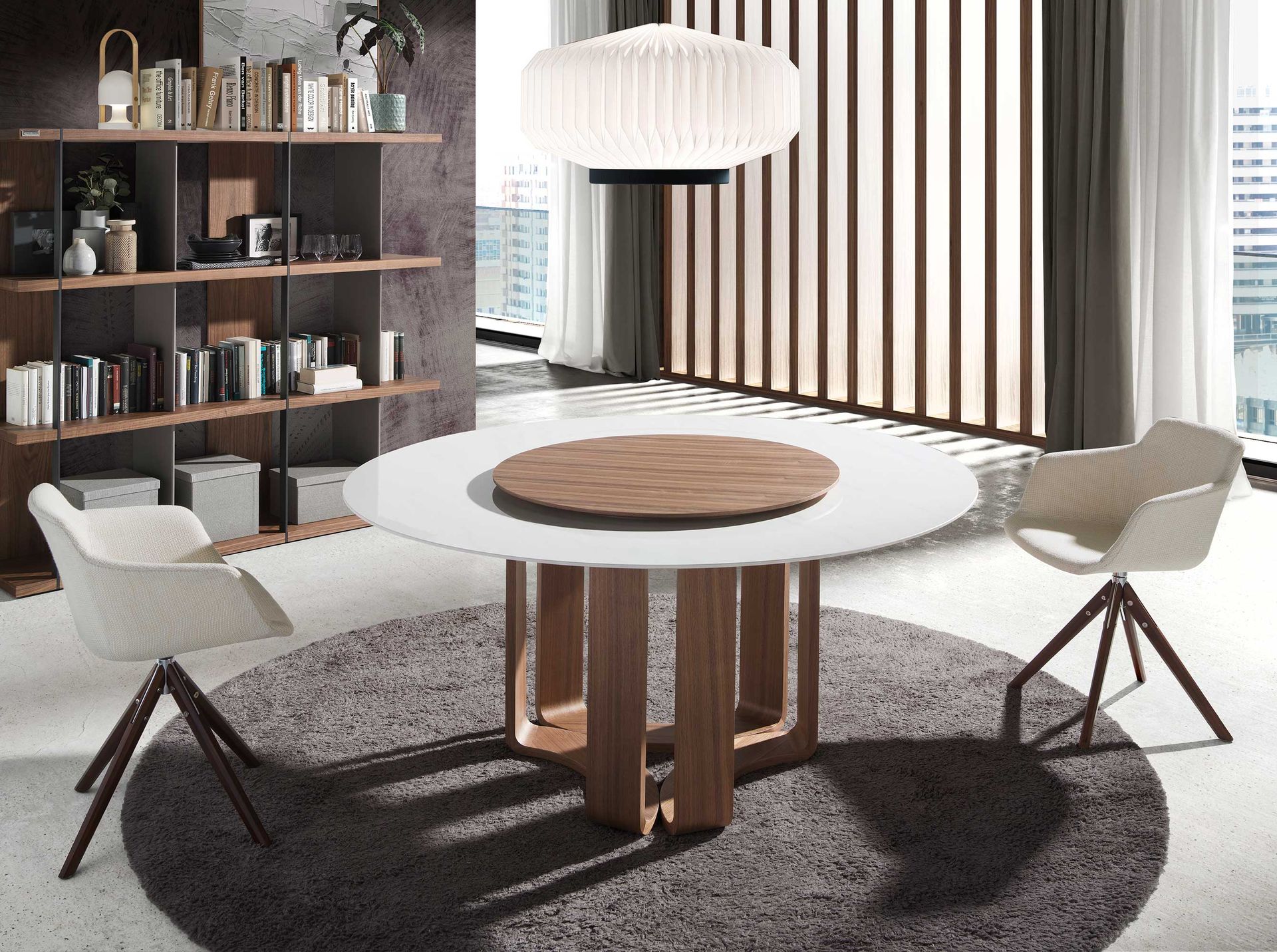 Mesa comedor redonda mármol porcelánico y nogal - Imagen 3