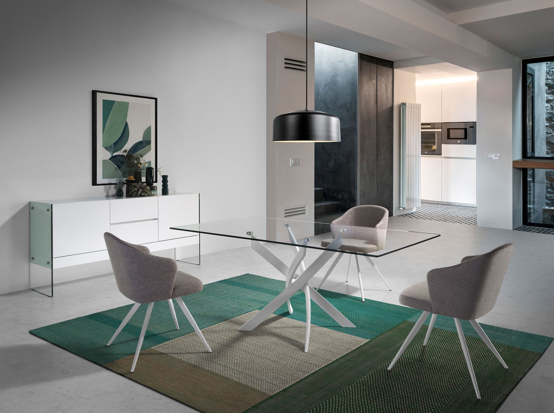 Mesa comedor rectangular cristal templado y acero blanco - Imagen 3