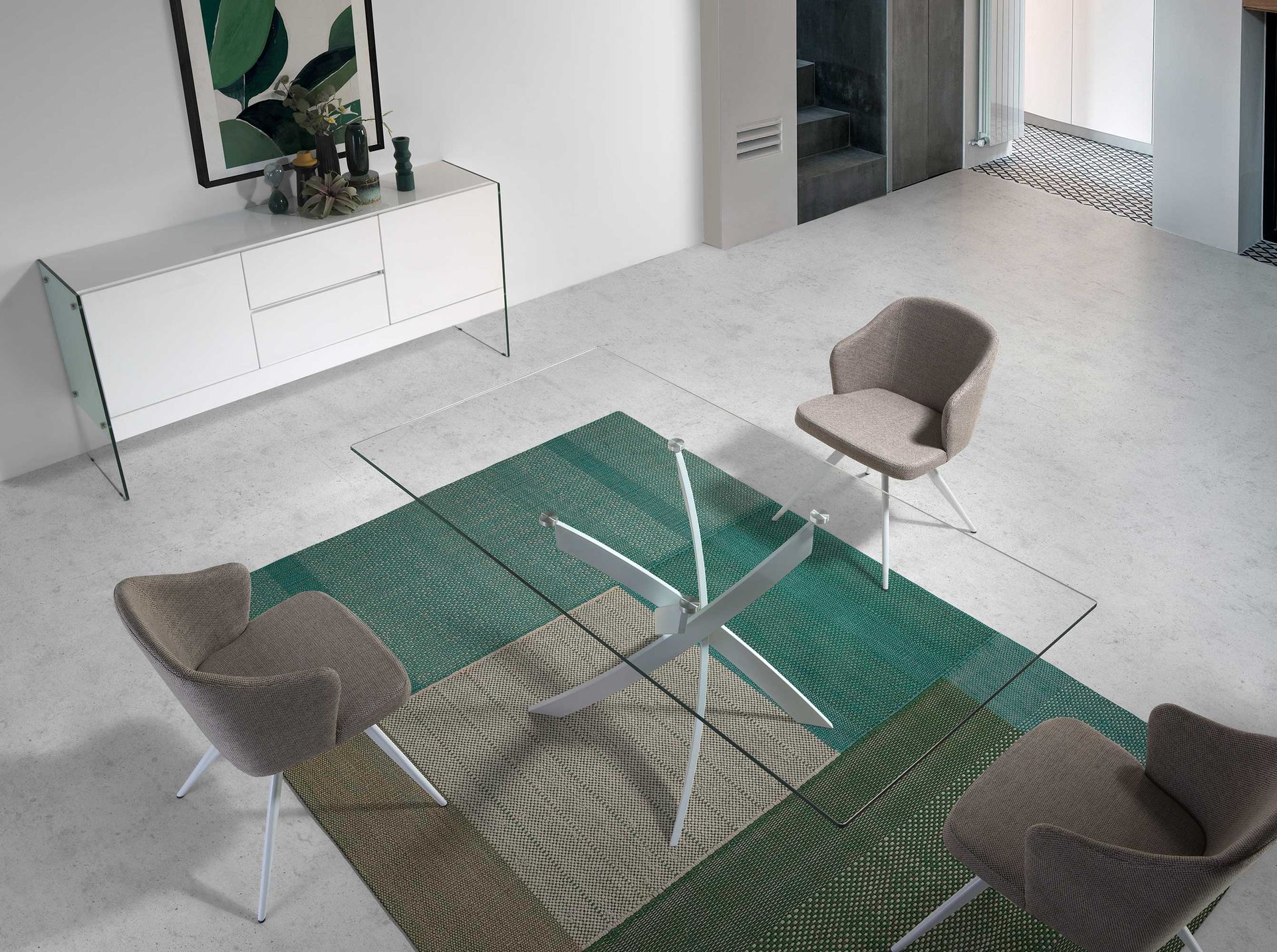 Mesa comedor rectangular cristal templado y acero blanco - Imagen 4