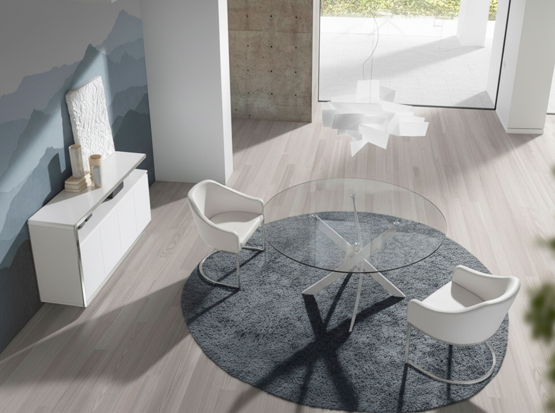 Mesa comedor redonda cristal templado y acero blanco - Imagen 5