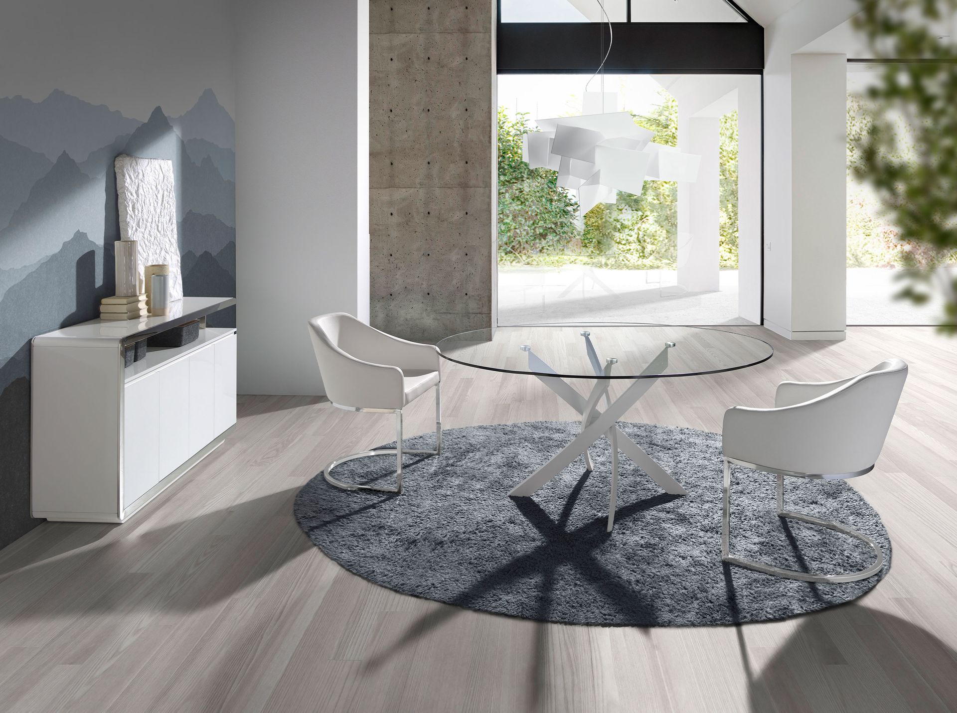 Mesa comedor redonda cristal templado y acero blanco - Imagen 3