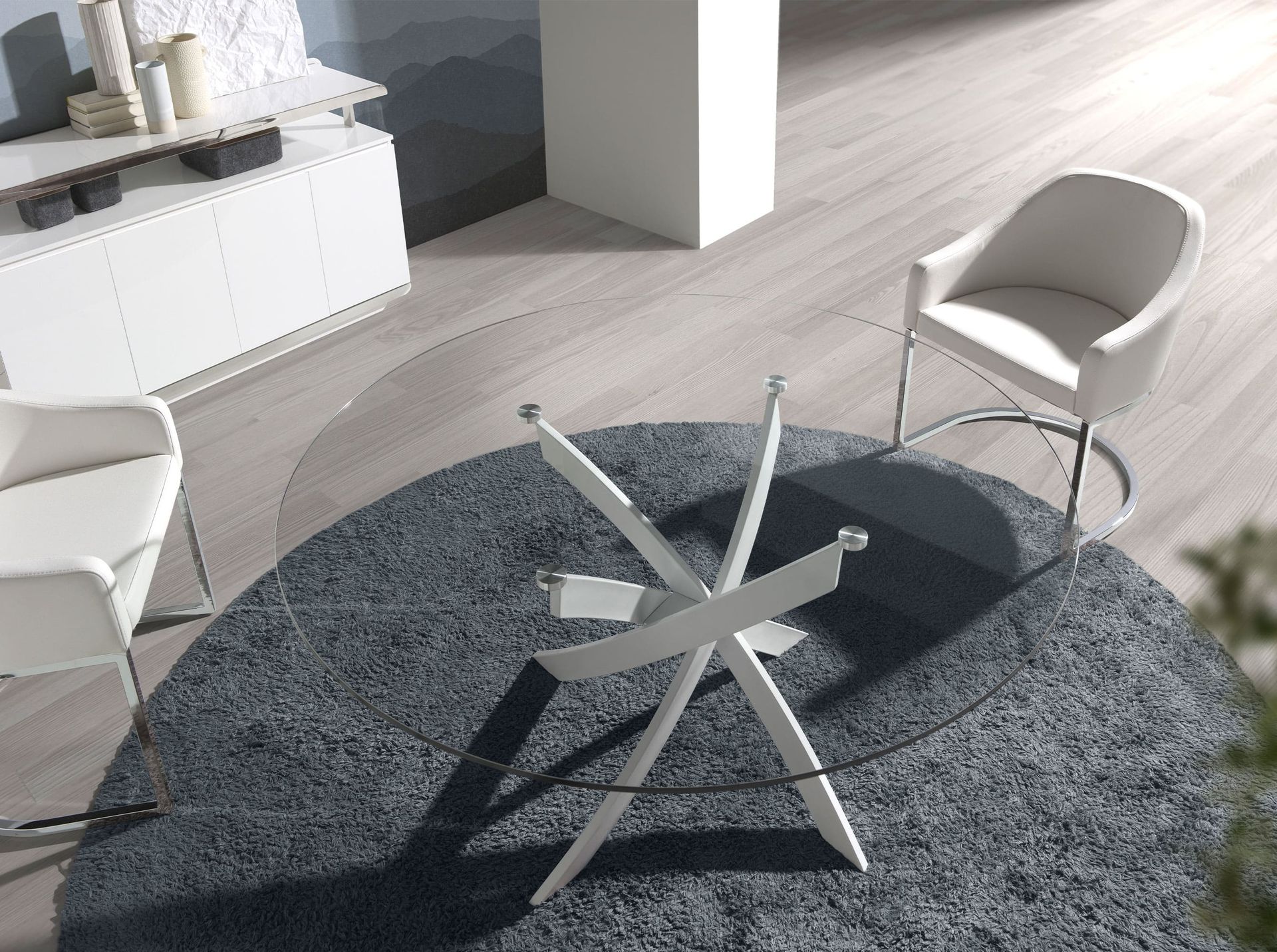 Mesa comedor redonda cristal templado y acero blanco - Imagen 4