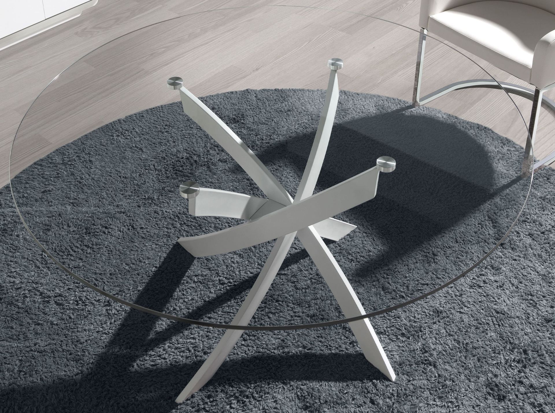 Mesa comedor redonda cristal templado y acero blanco - Imagen 6