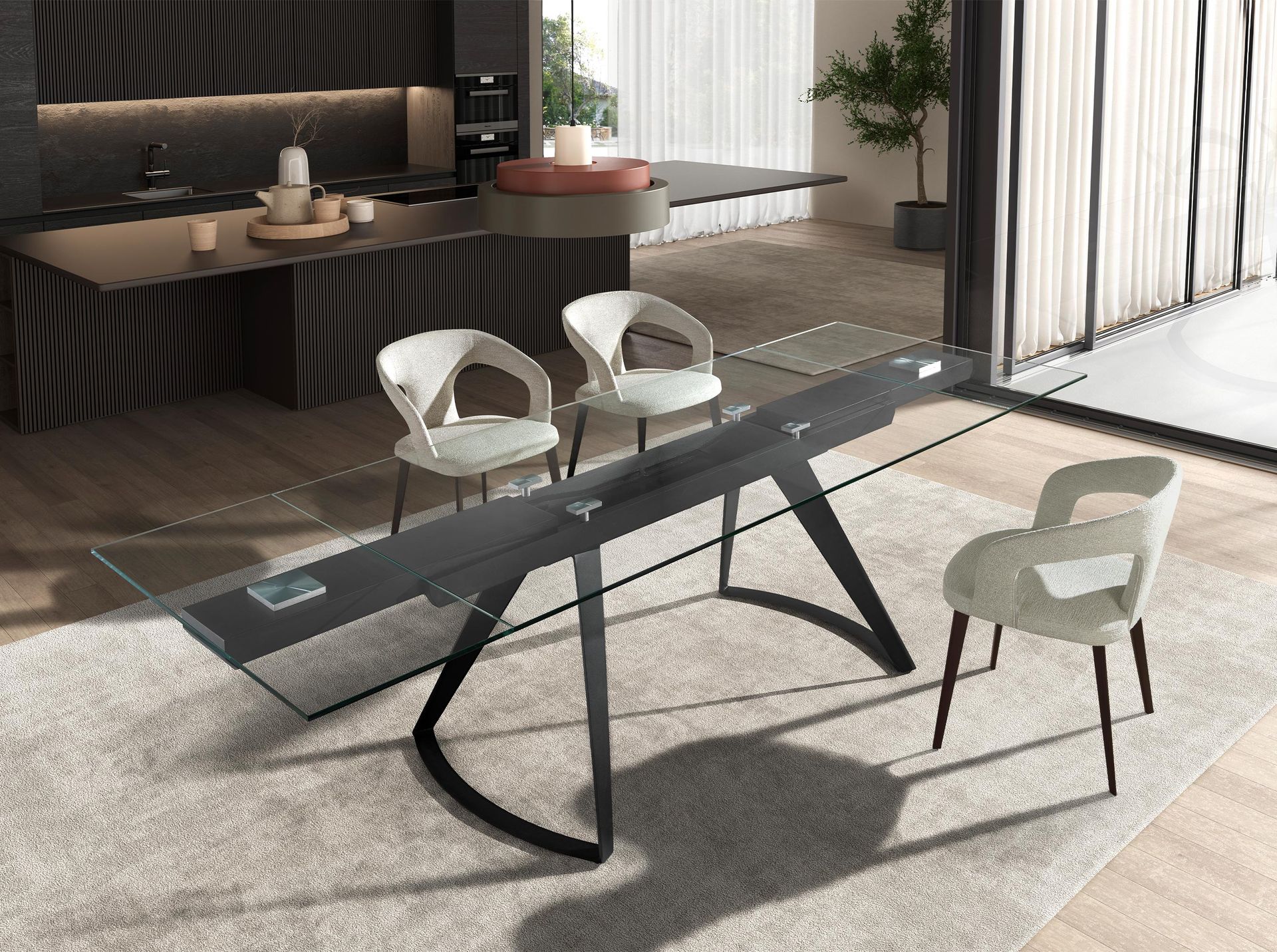 Mesa comedor extensible rectangular cristal templado y acero negro - Imagen 3
