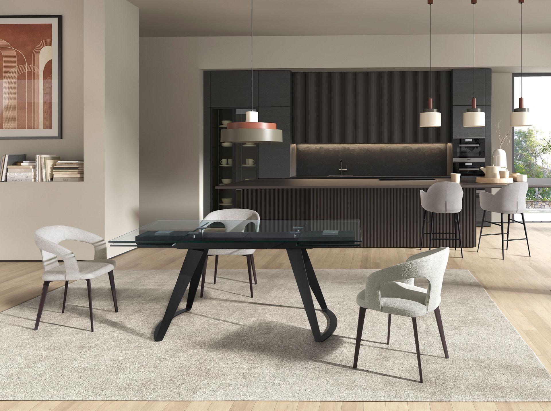 Mesa comedor extensible rectangular cristal templado y acero negro - Imagen 4