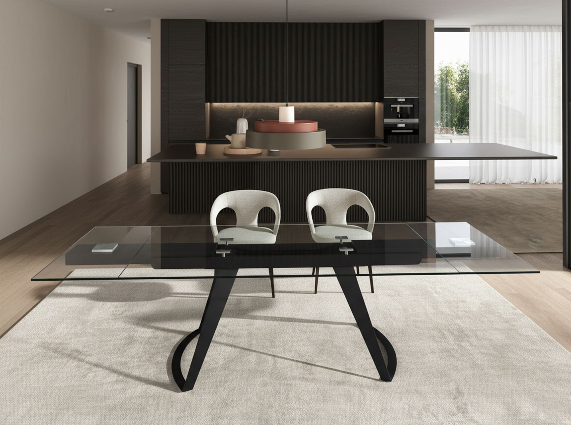 Mesa comedor extensible rectangular cristal templado y acero negro - Imagen 5