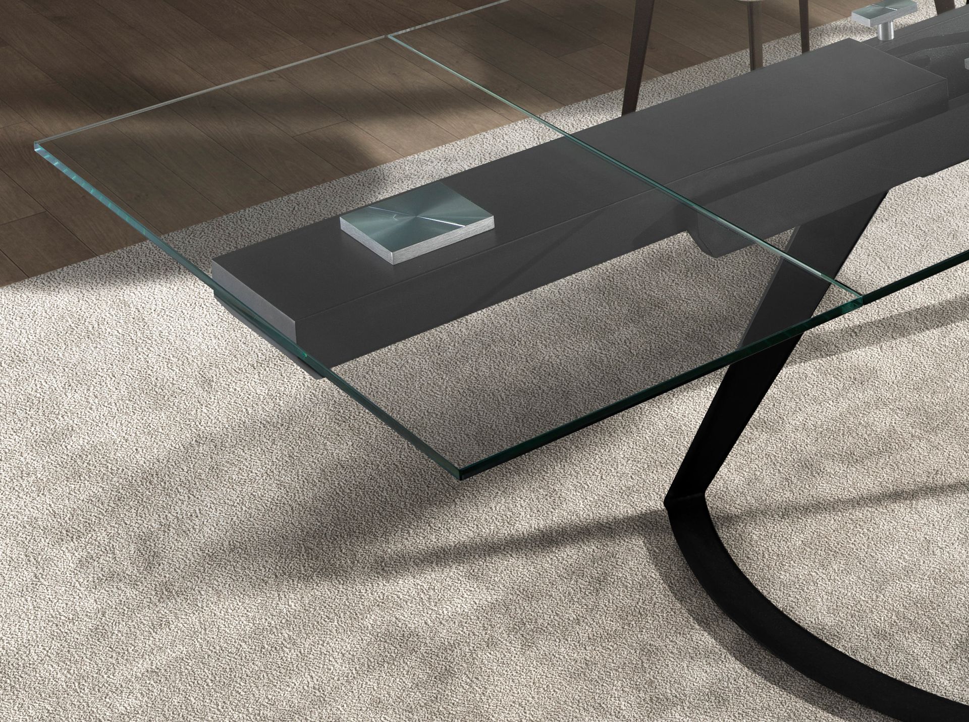 Mesa comedor extensible rectangular cristal templado y acero negro - Imagen 7
