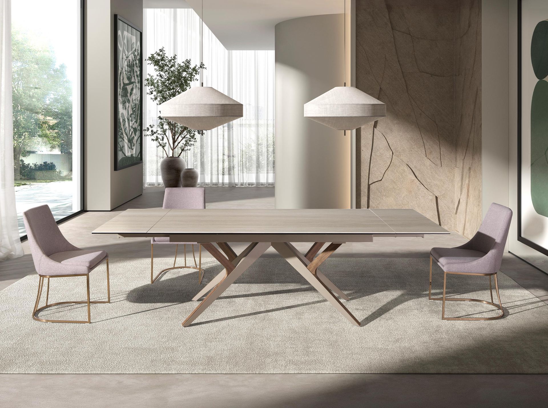 Mesa comedor extensible rectangular mármol porcelánico, acero arena metalizado y nogal - Imagen 3