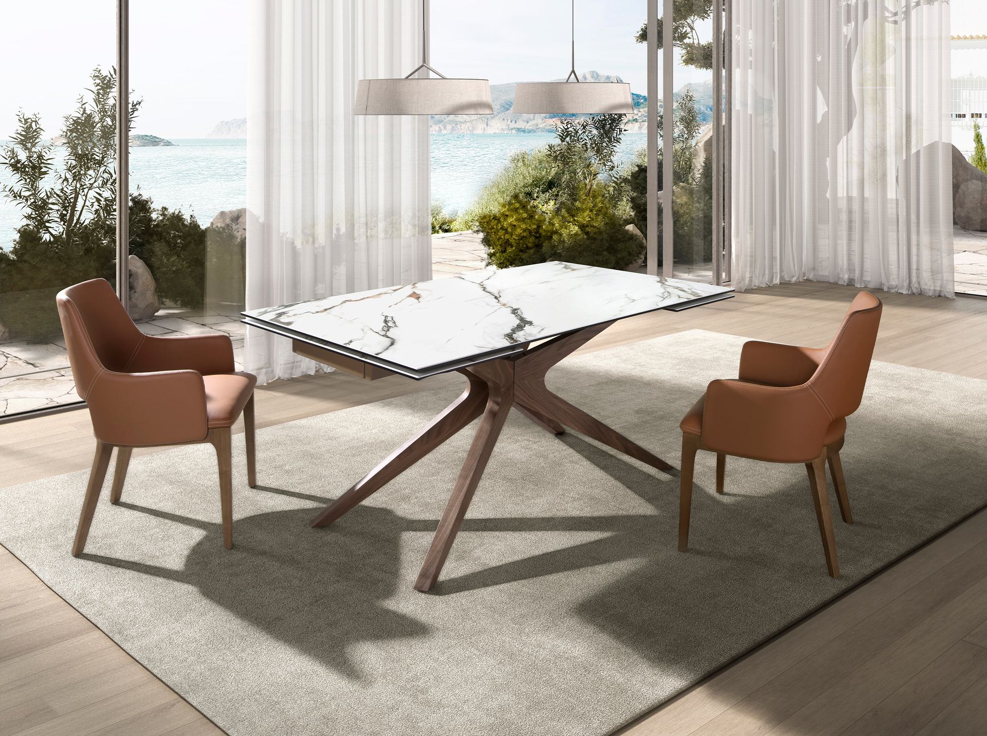 Mesa comedor extensible rectangular mármol porcelánico y nogal - Imagen 3