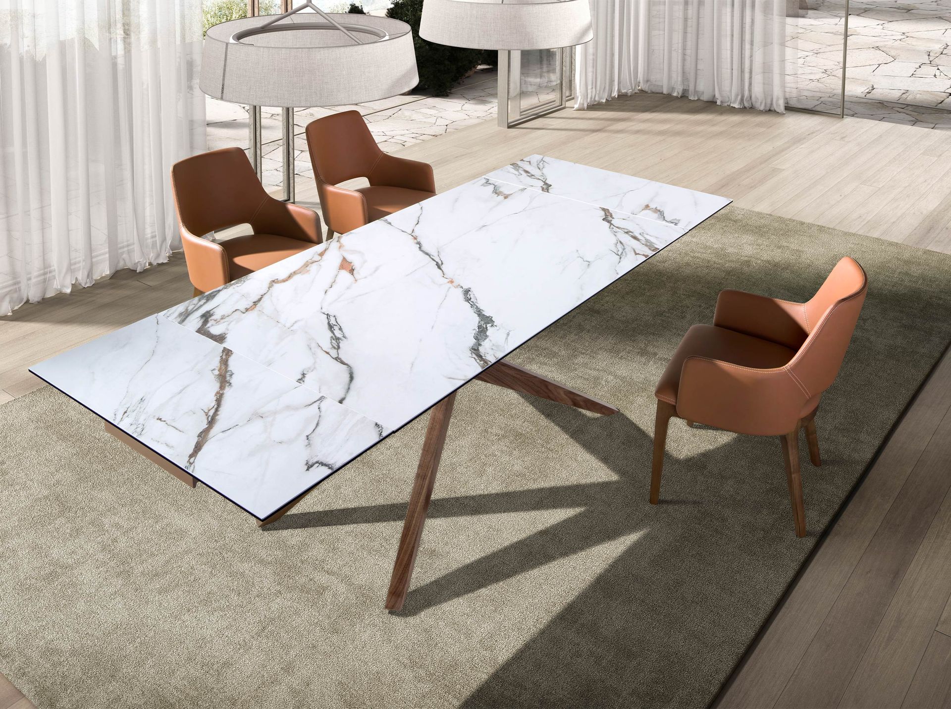 Mesa comedor extensible rectangular mármol porcelánico y nogal - Imagen 5