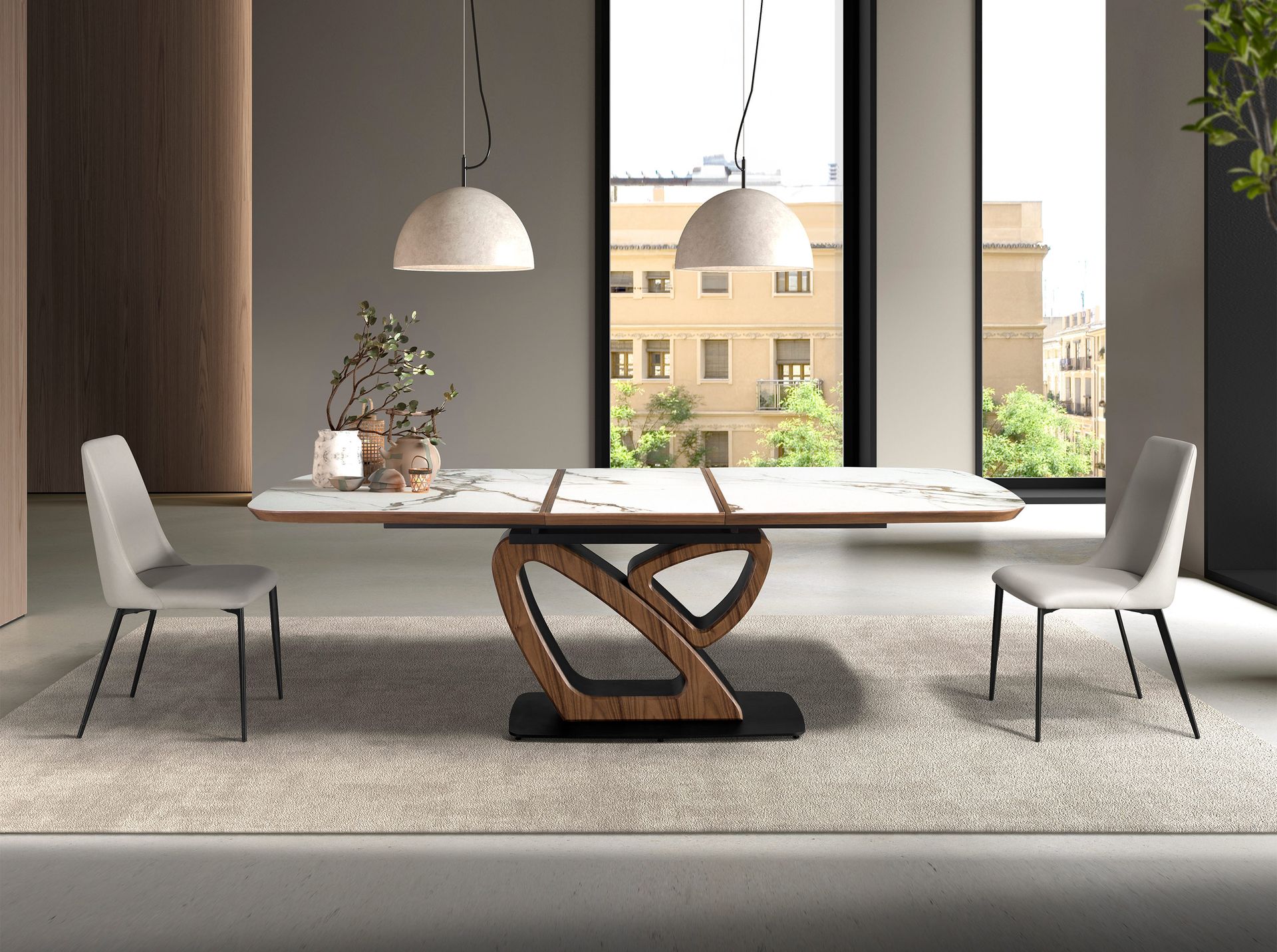 Mesa comedor extensible ovalada barril mármol porcelánico y nogal - Imagen 3