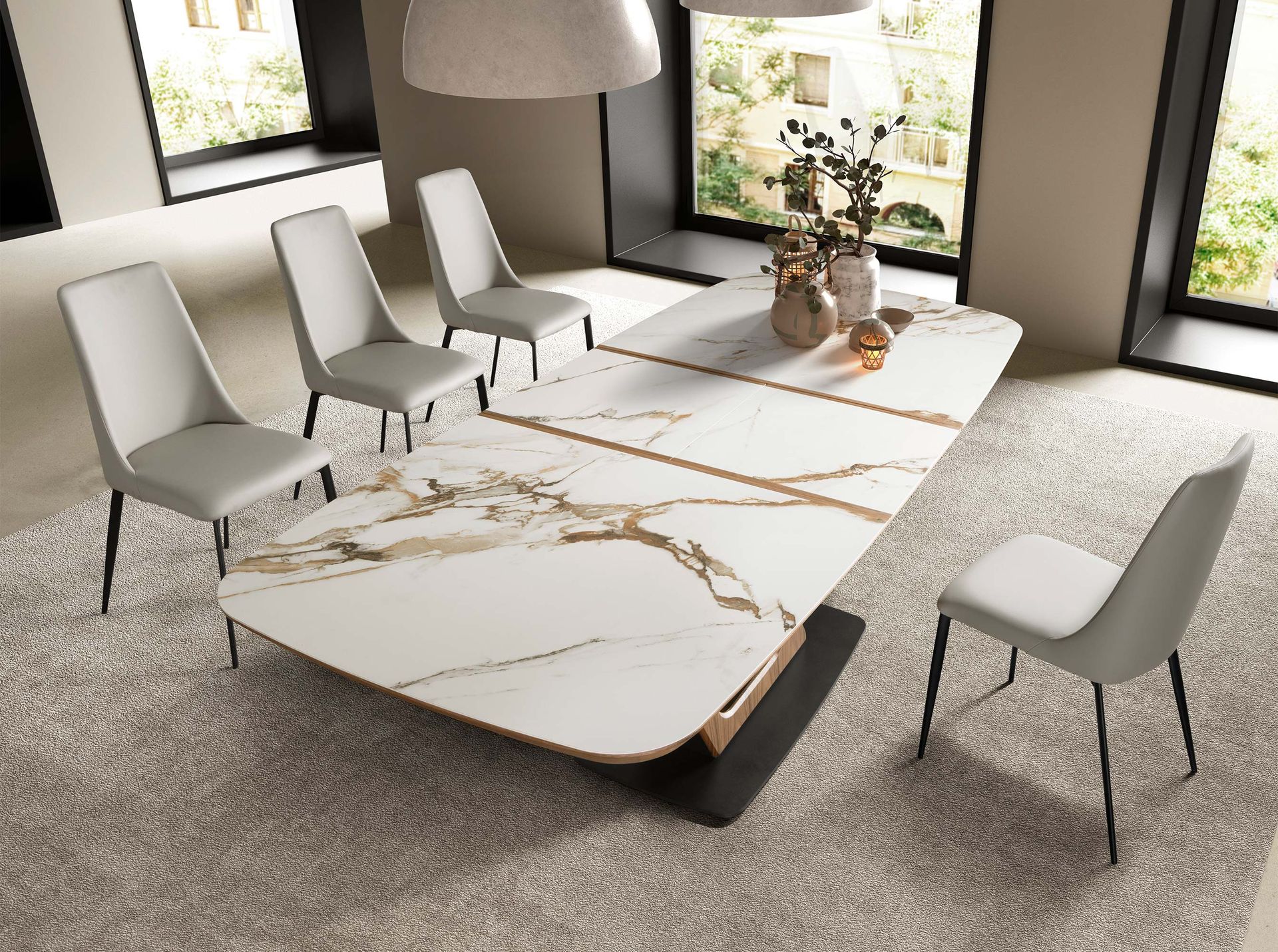 Mesa comedor extensible ovalada barril mármol porcelánico y nogal - Imagen 4