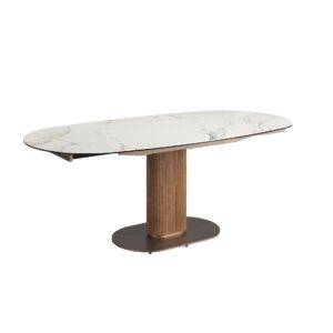 Mesa comedor extensible ovalada barril mármol porcelánico y nogal Angel Cerdá